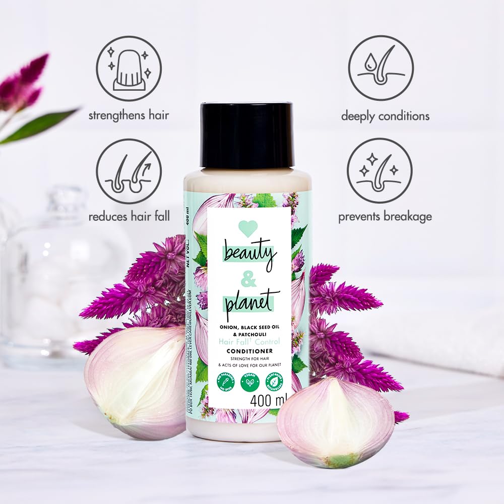 Love Beauty & Planet Onion Oil & Blackseed Oil Hair Conditioner with Patchouli Essential Oil - Hair Fall Control, Paraben & Dye Free (200ml) - Perfect for Dry, Damaged Hair & Scalp Care