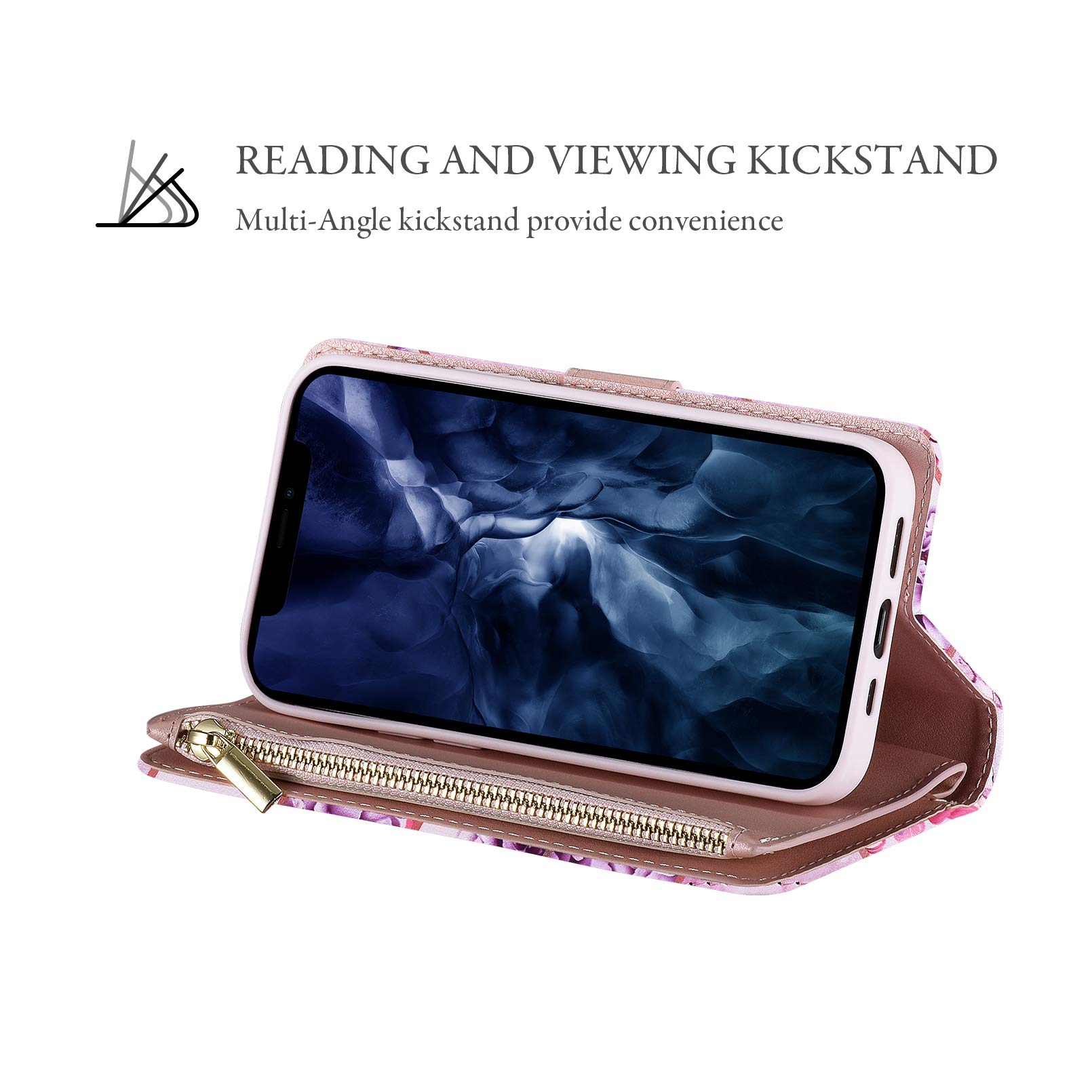 Premium PU Leather Wallet Case for iPhone 12 Pro Max - Magnetic Closure, Zipper Pocket, Kickstand & Card Slots with Hand Strap | Stylish Marble Flip Phone Case for Women (Purple Flower Design) | Perfect for Daily Use, Travel & Shopping
