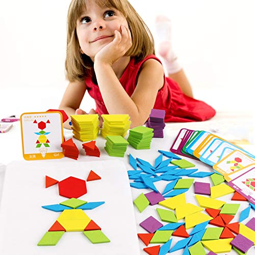 Afunti Wooden Tangram Puzzle - Montessori Educational Toy with 155 Geometric Shapes & 24 Cards - STEM Learning Game for Kids Classroom & Homeschool Activities