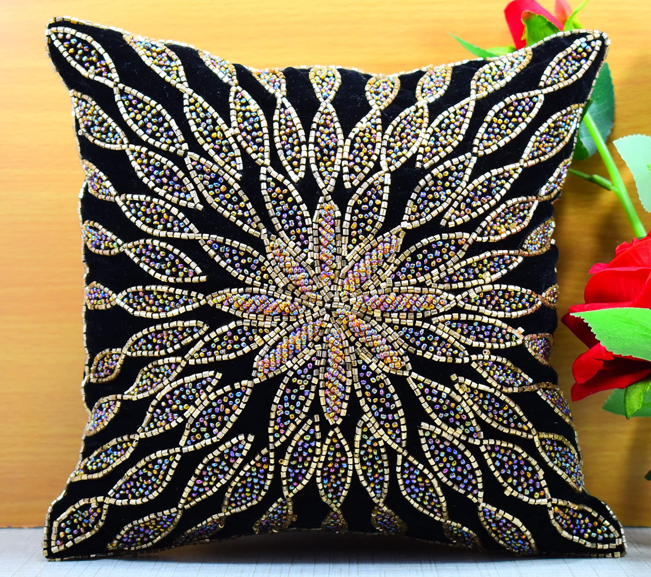 Luxury Black Gold Beaded Throw Pillow Cover 24x24 Inches - Contemporary Silk Embroidered Cushion Cover for Sofa, Bedroom Decor - Elegant Home Decoration Gift for Housewarming, Wedding & Special Occasions