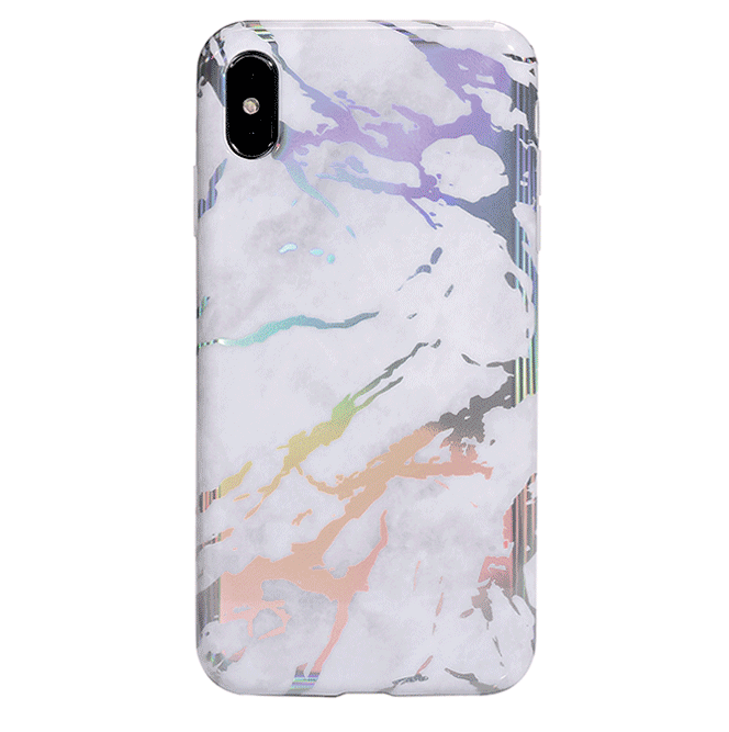 Holo White Marble iPhone Case - Protective Slim Cover for iPhone 13/14/15 Pro Max - Glitter Marble Design - Perfect for Everyday Use, Work & Travel