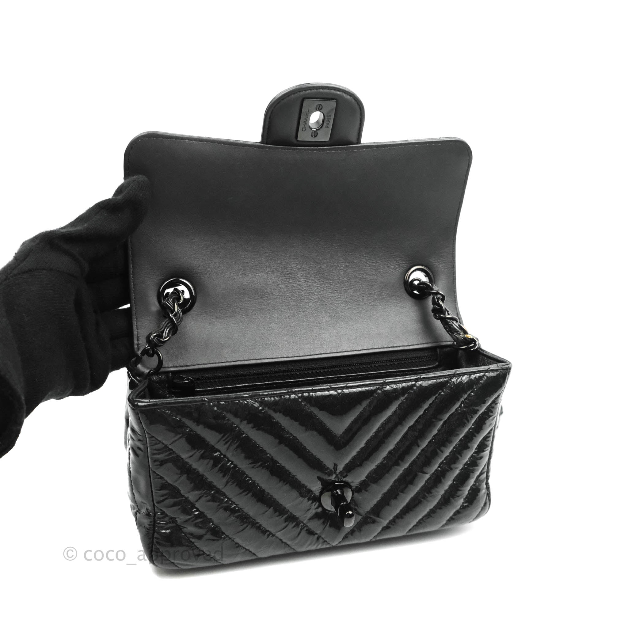 Chanel Chevron Mini Rectangular Flap Bag in Black Crumpled Patent Leather with So Black Hardware - Perfect for Evening Events & Luxury Fashion Accessories