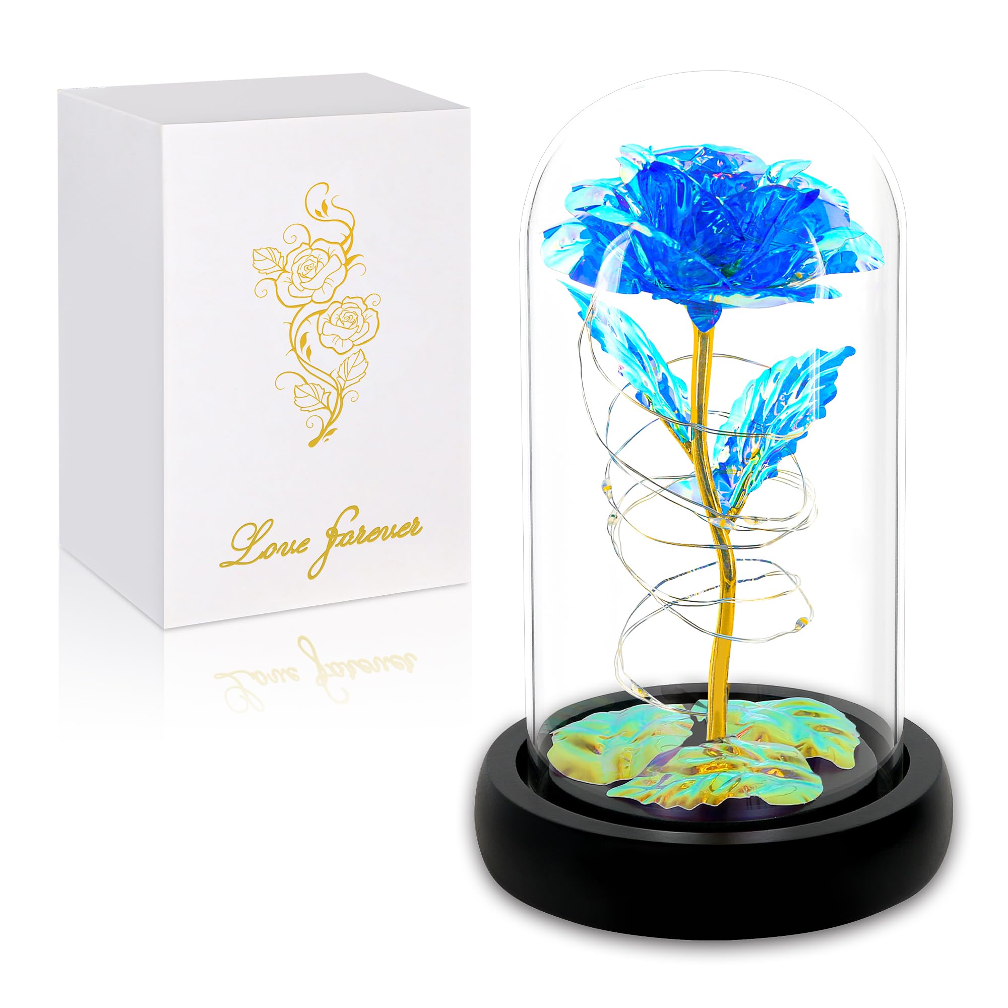 Light Up Rose in Glass Dome - Elegant Birthday, Mother's Day, Anniversary & Valentine's Gift for Women, Mom, Wife, Grandma | Colorful Blue Floral Home Decor & Romantic Present