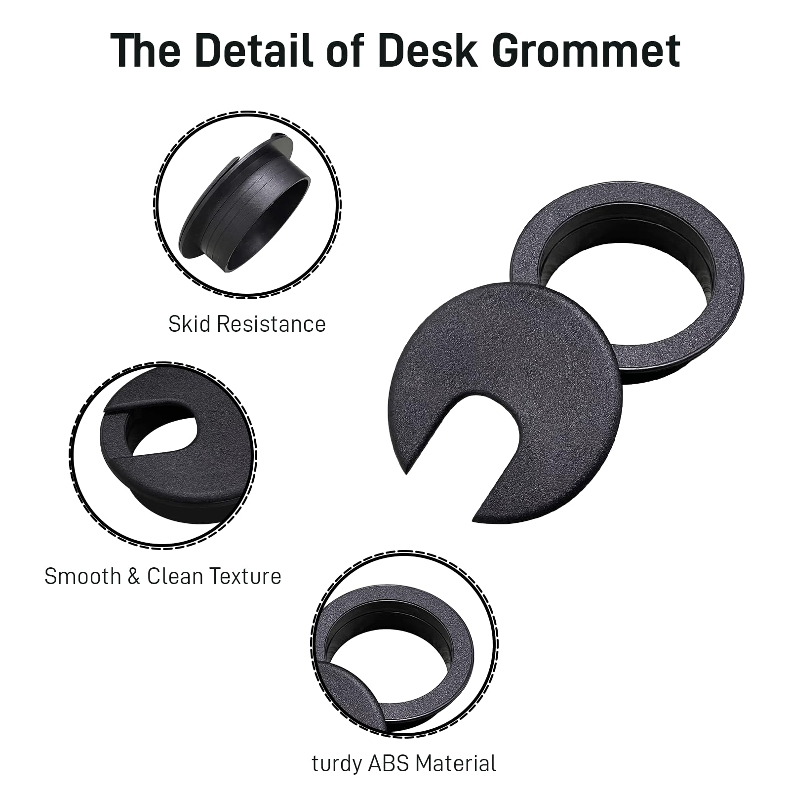 2 Inch Black ABS Plastic Desk Grommet - 4 Pack Durable Detachable Cable Hole Cover for Home & Office Desks - Perfect for Organizing Computer Wires, Monitor Cables & Power Cords Under Workstations