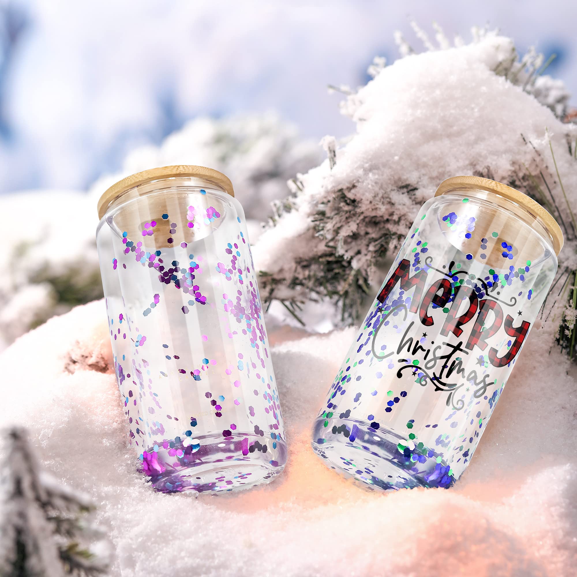 AGH 16oz Sublimation Snow Globe Glass Tumbler Blanks - 25 Pack Double Wall Clear Glass Cups with Bamboo Lids & Glass Straws - DIY Sublimation Beer Can Glasses for Custom Designs, Parties & Gifts - Pre-Drilled Holes for Easy Snowglobe Crafting