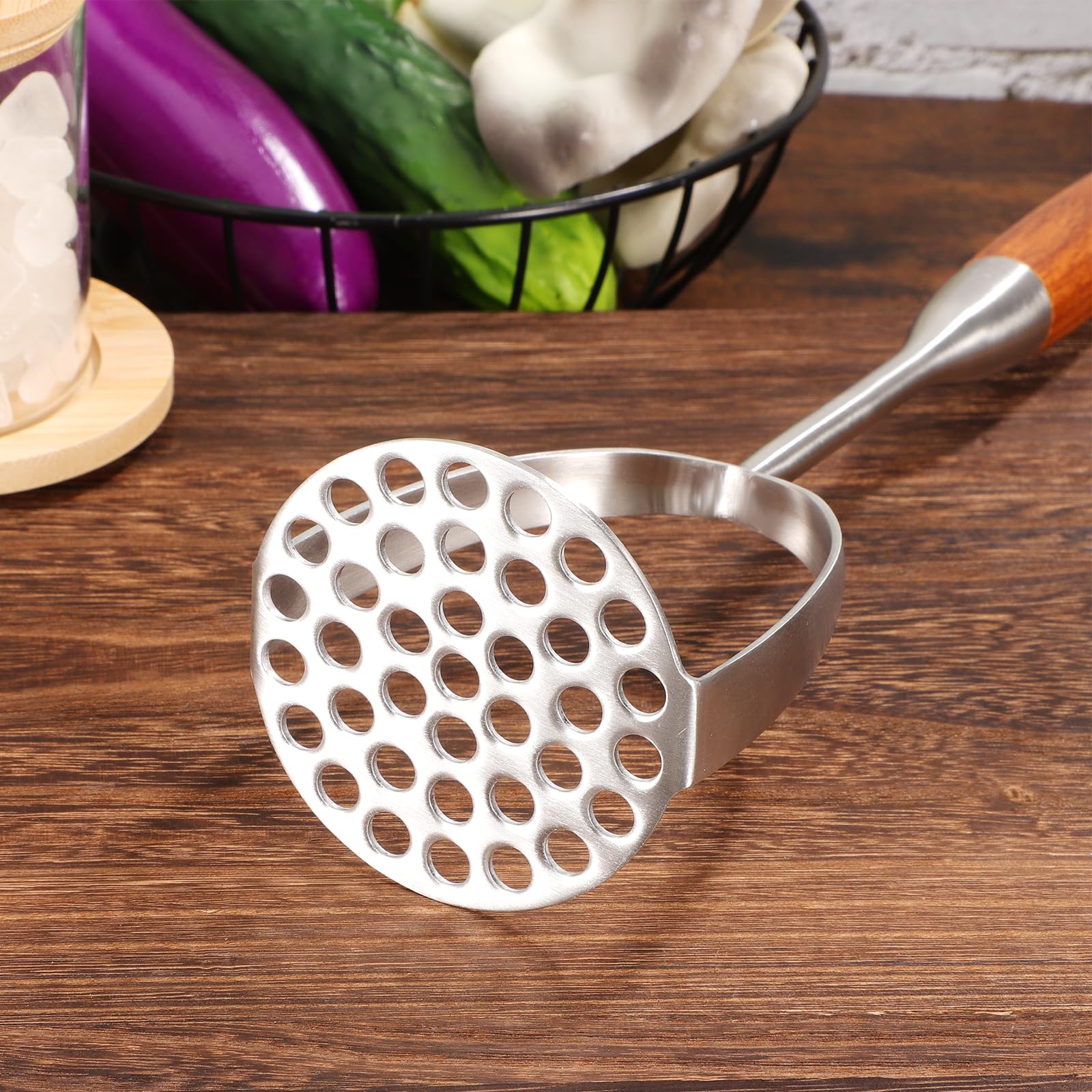 DOITOOL Heavy Duty Stainless Steel Potato Masher with Ergonomic Wooden Handle - Professional Kitchen Tool for Mashing Potatoes, Beans, Vegetables, Fruits, Avocados & Meat - Perfect for Home Cooking, Baking and Meal Prep