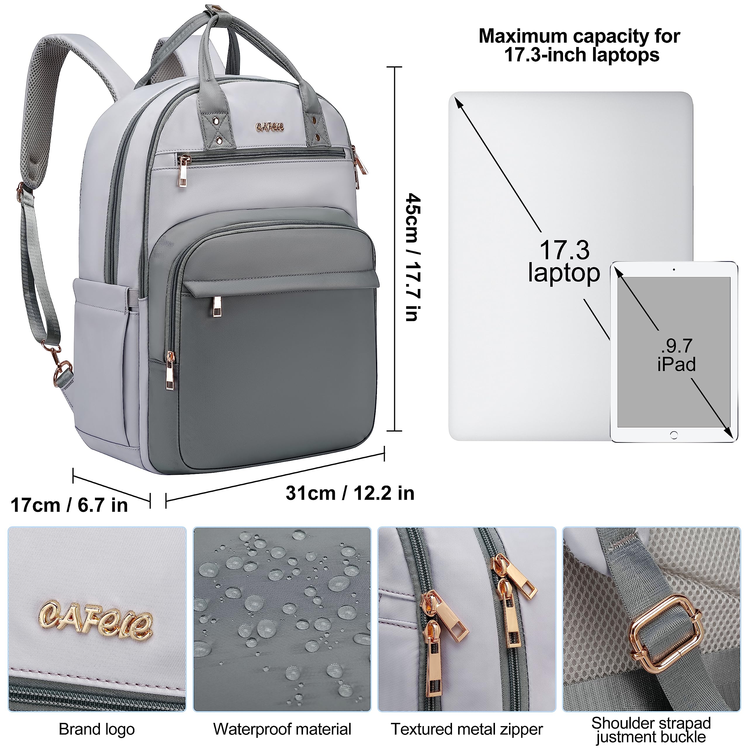 Stylish 17.3 Inch Waterproof Anti-Theft Laptop Backpack for Women - USB Charging Port, Grey-White - Perfect for Work, Travel, Nursing & Teaching Professionals