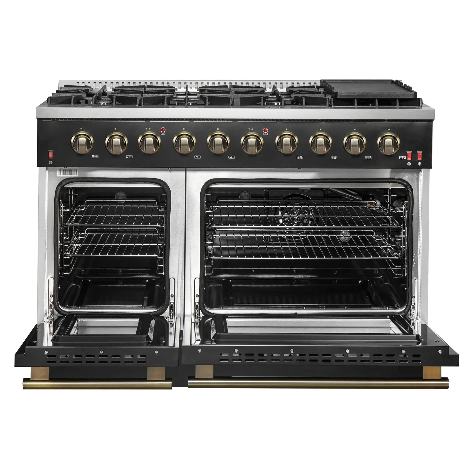 Forno Galiano 48-Inch French Door Freestanding All Gas Range - Black with Antique Brass Trim (Model FFSGS6444 48BLK) | Professional Kitchen Appliance for Home Chefs & Gourmet Cooking