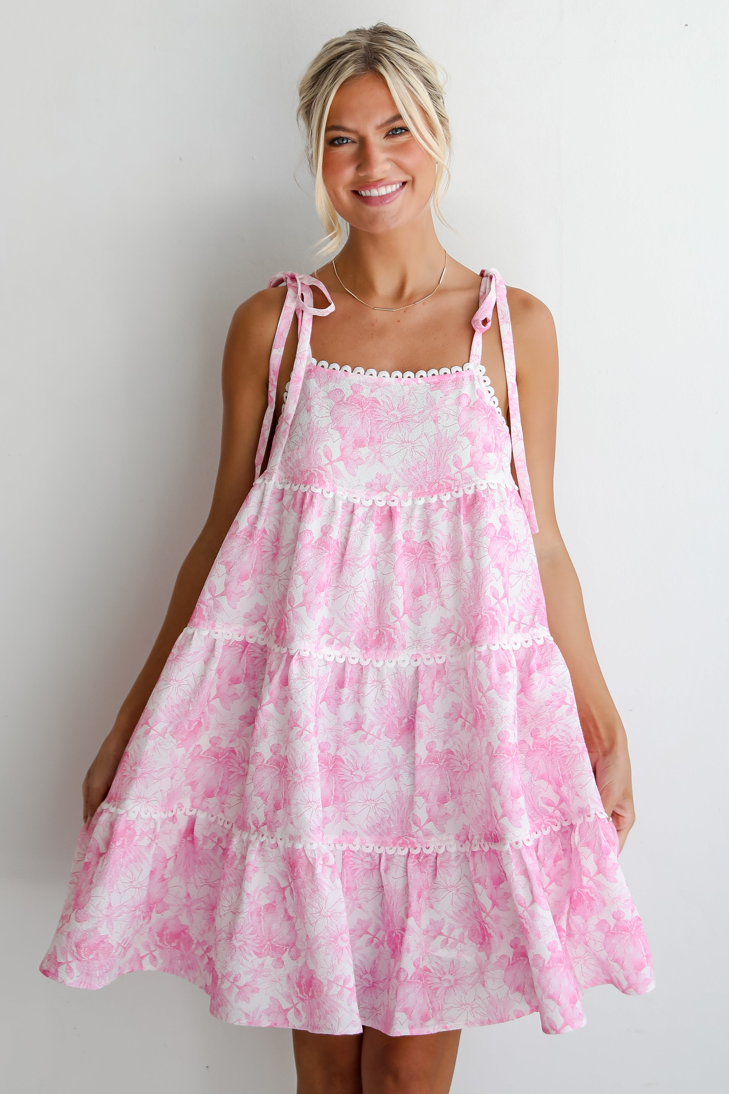 Elegant Pink Floral Tiered Mini Dress for Women - Summer Party, Wedding Guest & Date Night Outfit