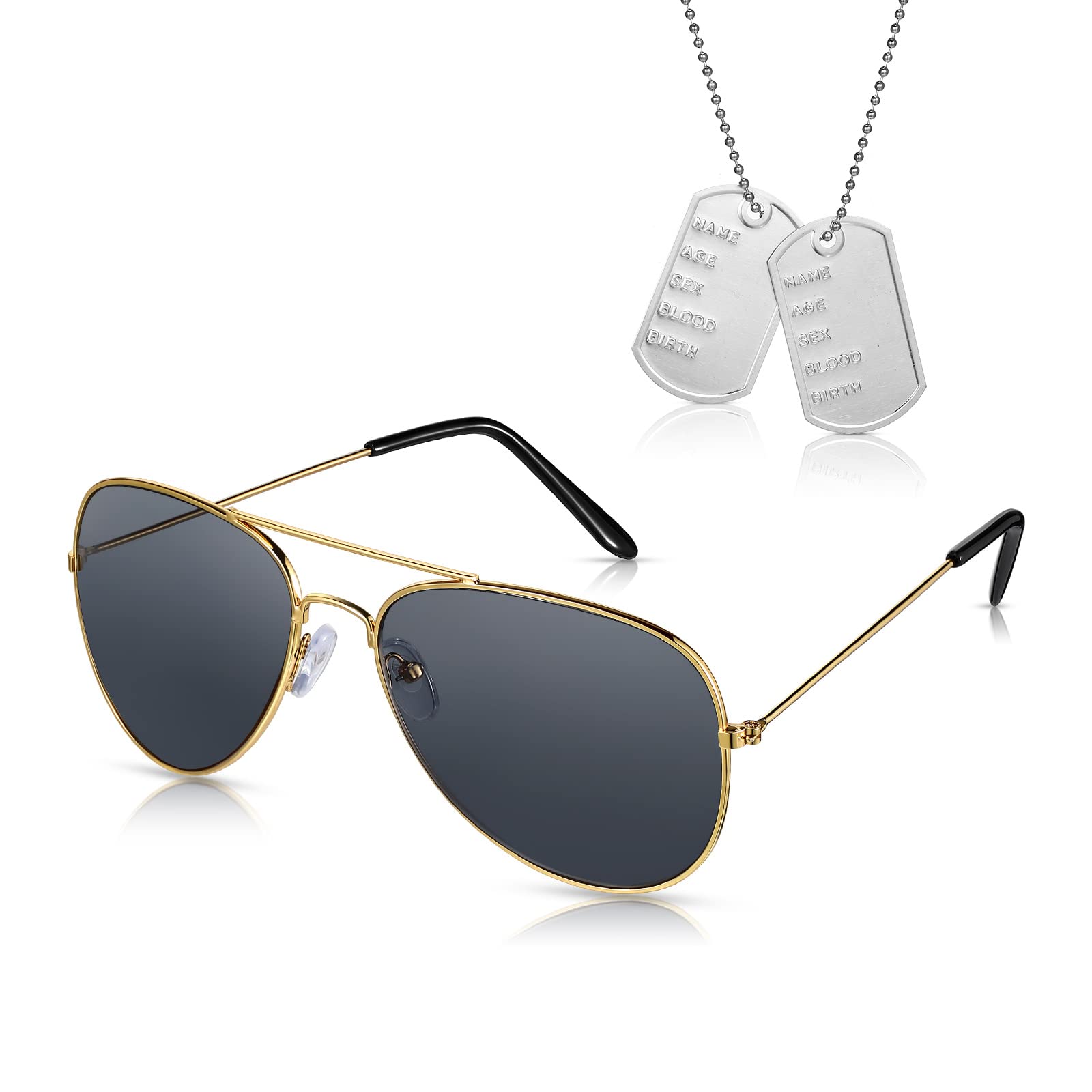 BBTO 2-Piece Military Pilot Costume Set - Silver Metal ID Tag Necklace & Sunglasses for Men & Women - Perfect for Halloween, Cosplay, Airsoft, and Themed Parties
