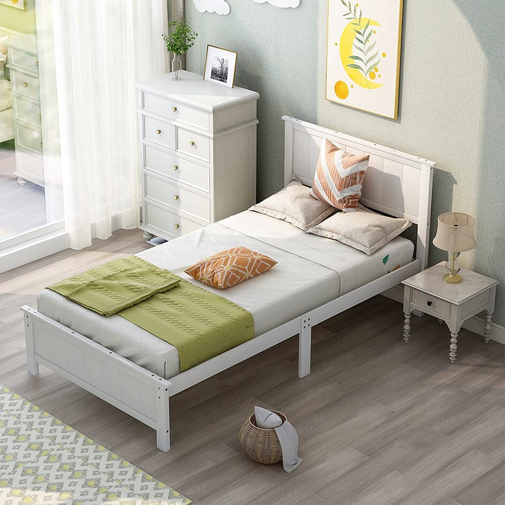 XC Twin Platform Bed Frame with High Headboard & Wood Slats - No Box Spring Needed - Sturdy Wooden Sleigh Bed for Kids & Teens - Perfect for Small Bedrooms, Guest Rooms & Dormitories (White)