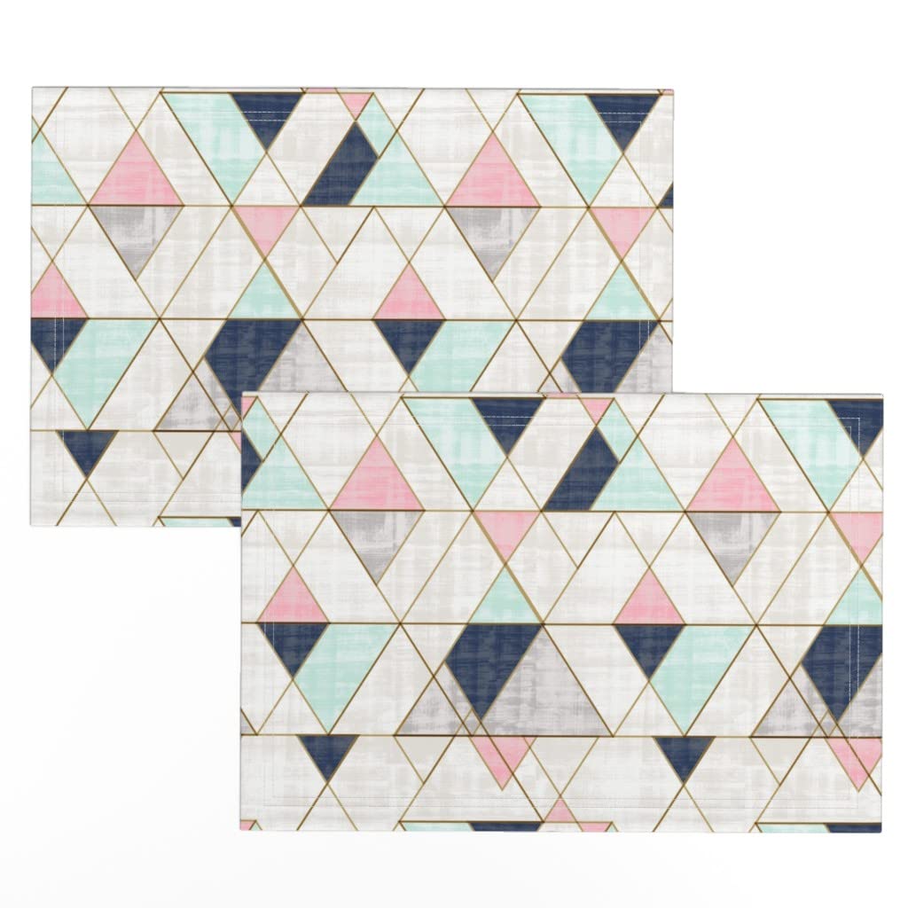 Spoonflower Linen Cotton Canvas Placemats Set of 2 - Navy Mint Pink Geometric Triangle Mid-Century Modern Design | Washable Table Mats for Dining, Kitchen, and Party Decor