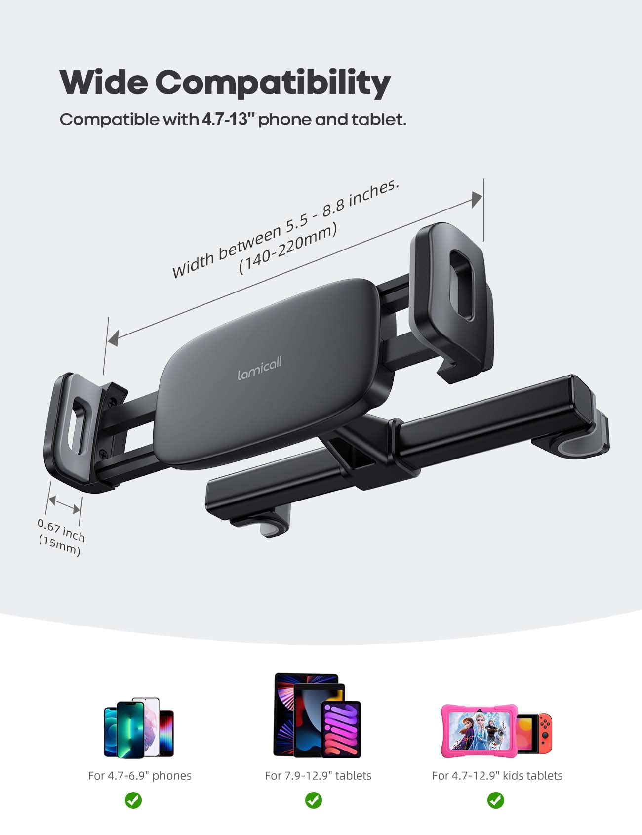 Lamicall Universal Car Tablet Mount - Adjustable Headrest Tablet Holder for iPad Pro/Air/Mini, Galaxy Tab, Fire HD, 4.7-13