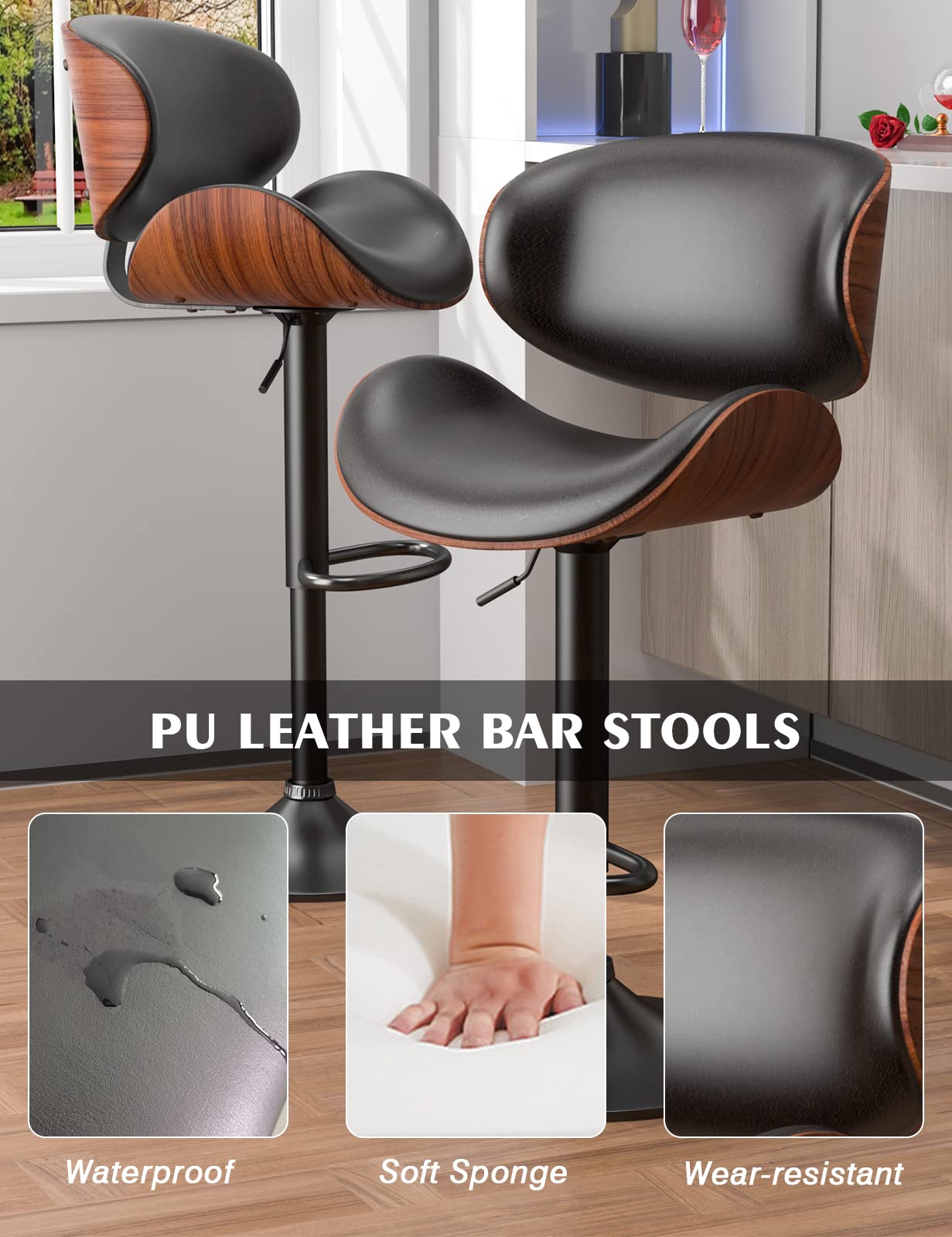 2 Pack Adjustable Swivel Bar Stools with Backrest & Footrest - Modern PU Leather Upholstered Bentwood Bar Chairs for Kitchen Counter, Dining Room & Home Bar - Perfect for Entertaining, Breakfast Nooks & Kitchen Islands (Black)