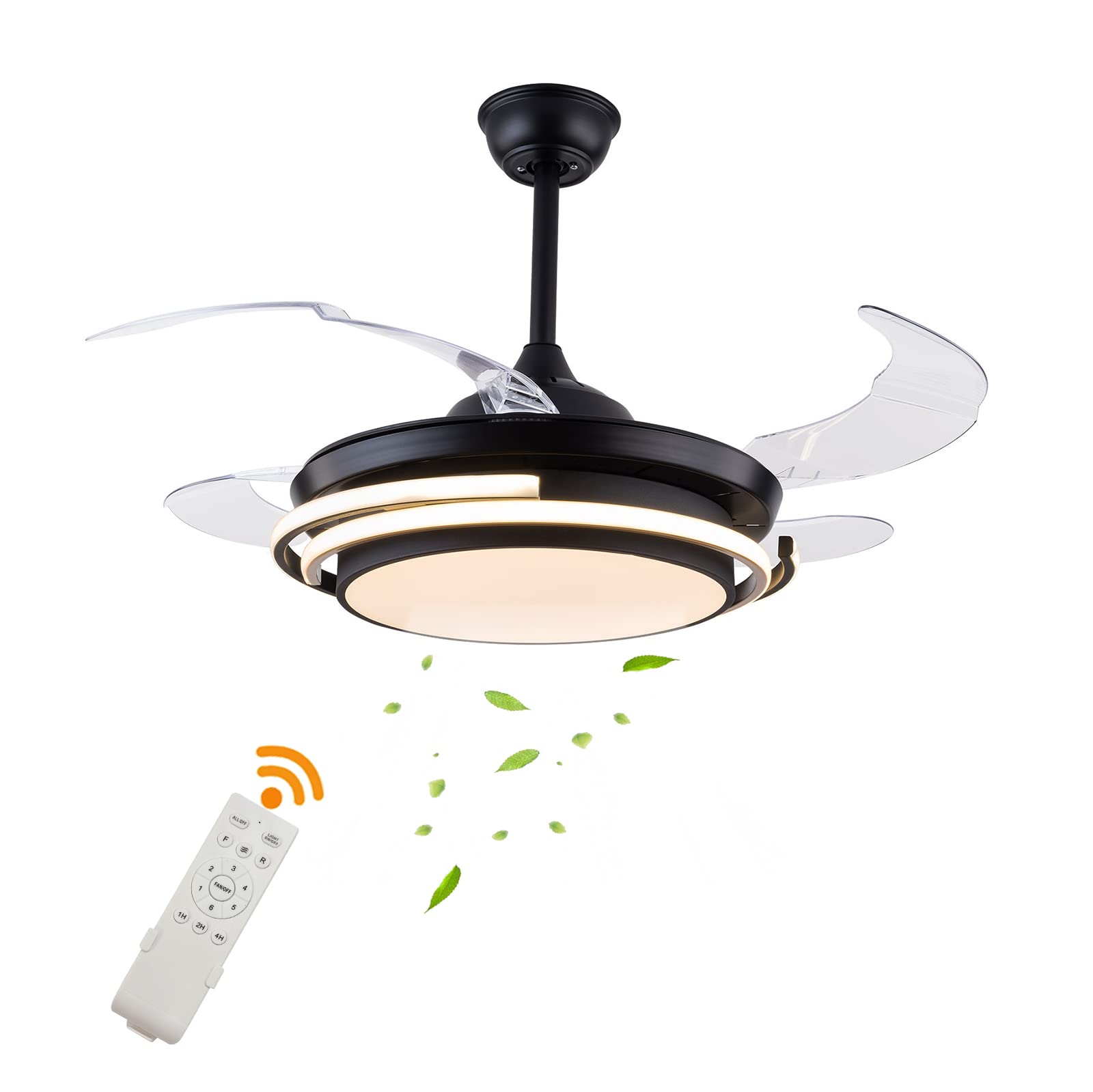 42 Inch Smart Retractable Ceiling Fan with LED Light & Remote - Modern Dimmable Invisible Ceiling Fan, Ultra Quiet for Bedroom, Living Room & Office - Black Energy Efficient Design