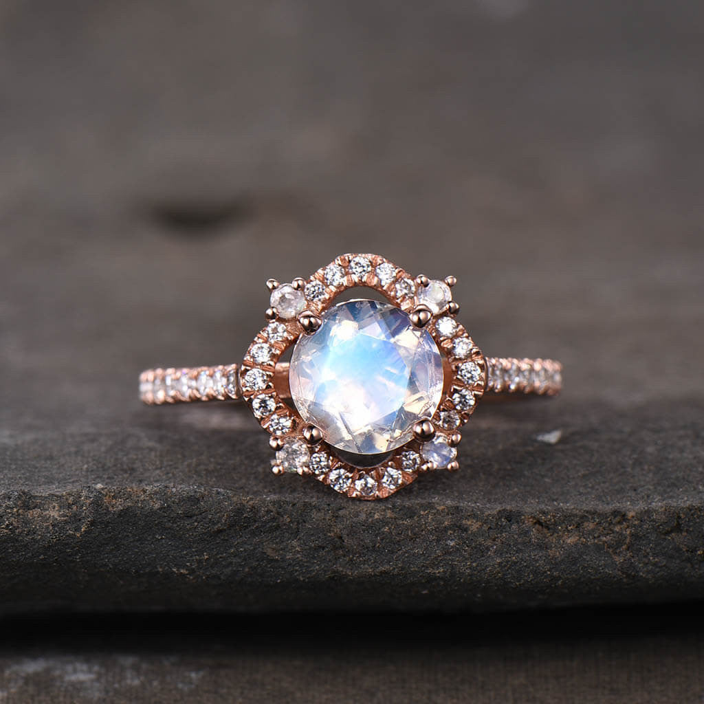 Exquisite Cordelia Moonstone & Diamond Engagement Ring with Milgrain Detailing - Perfect for Proposals, Weddings & Anniversary Gifts