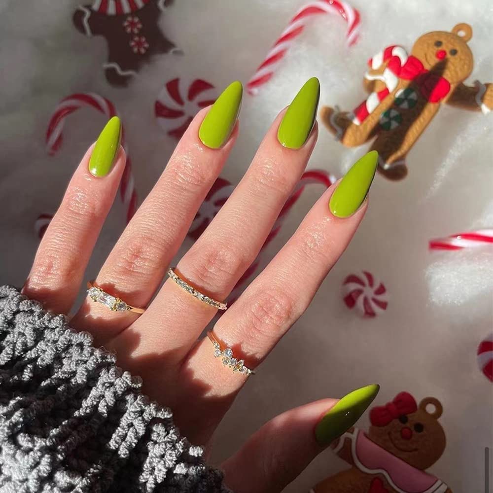 Grass Green Press on Nails - 24Pcs Almond Shaped Fake Nails with Glue, Medium Length Acrylic False Nails for Women | Natural Gel Stiletto Nails for Daily Wear & Special Occasions