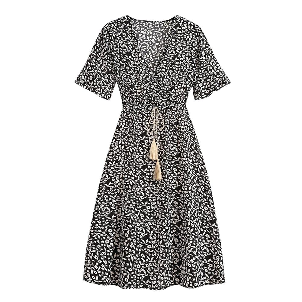 Eaeuuopy Women's V-Neck French Lace Floral Print Slim Dress with Butterfly Sleeves - Summer Fashion Dress for Casual Wear, Date Night & Outdoor Events