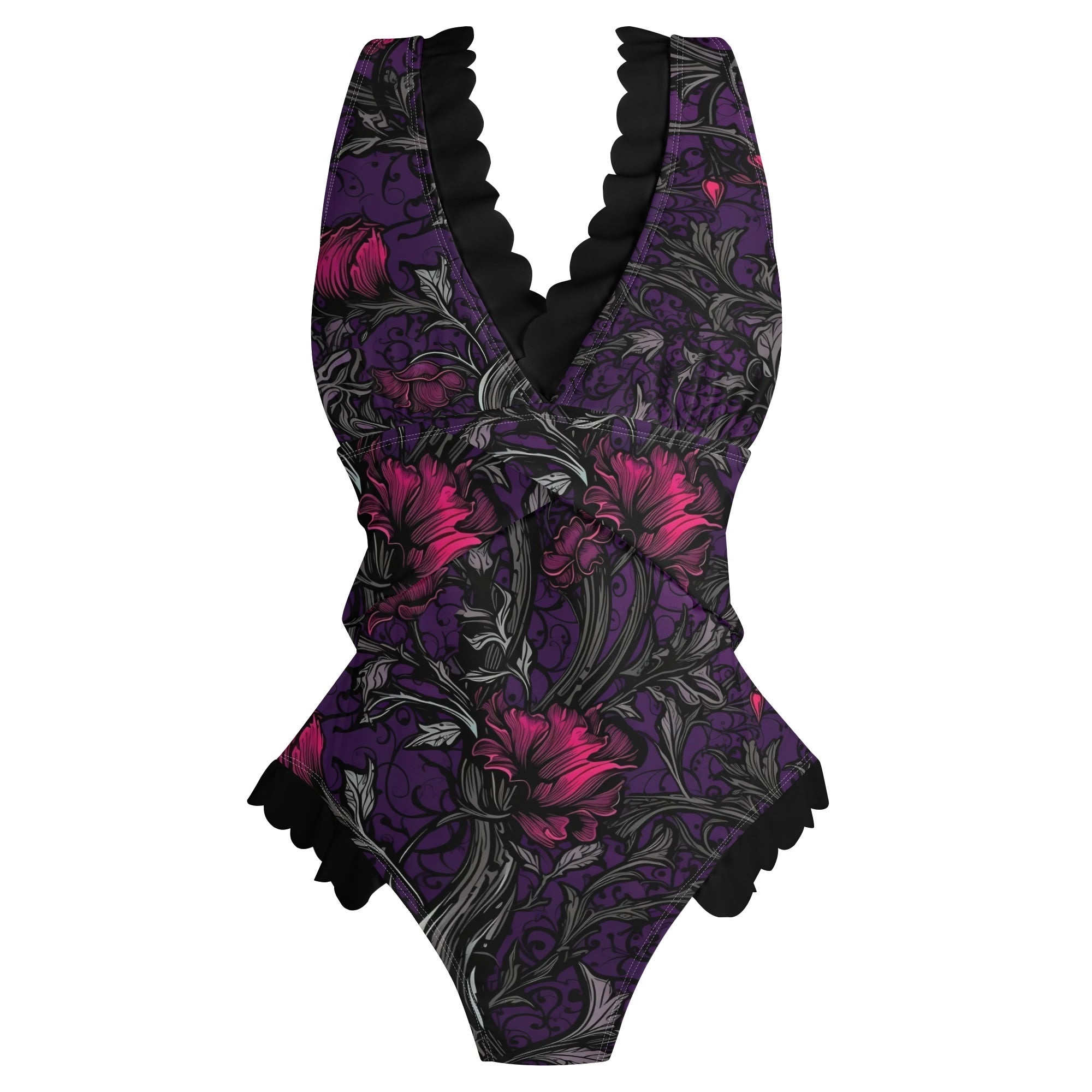 Gothic Forest Ruffle Edge Cross Front One Piece Swimsuit for Women - Sexy Vintage Bathing Suit with High Waist & Adjustable Straps | Perfect for Beach, Pool Party & Summer Vacation