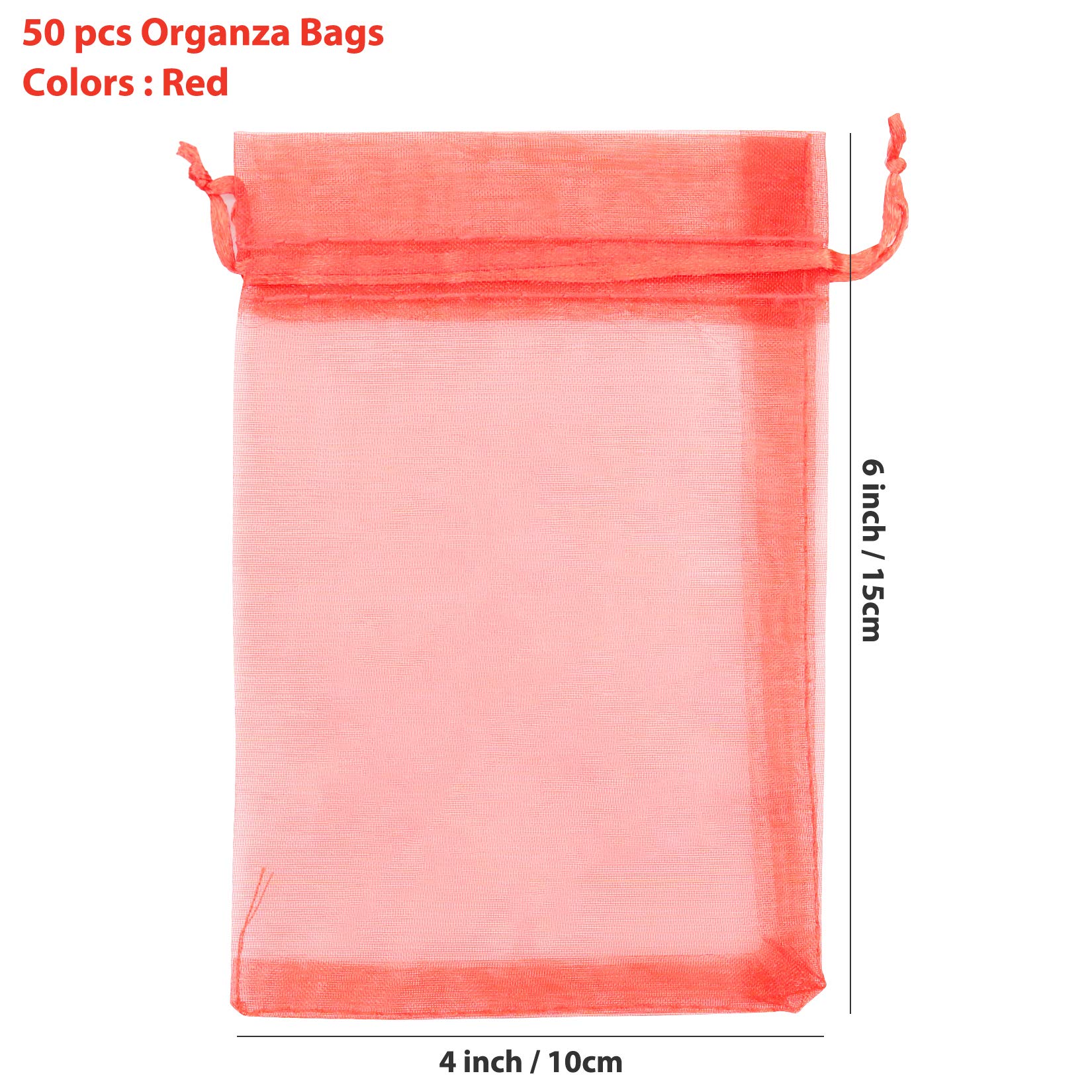 ANZNKU 50 Pack 4x6 Inch Premium Sheer Organza Bags for Wedding Favors, Jewelry Gifts, Candy Packaging & Party Decorations - Christmas, Birthday, Bridal Shower, Baby Shower (Red)