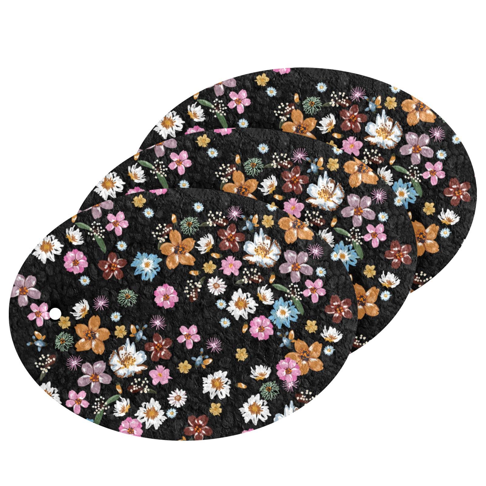 Kcldeci 3 Pack Floral Meadow Dish Scrub Sponges - Durable Kitchen Cleaning Pads for Dishes, Countertops, and Household Surfaces