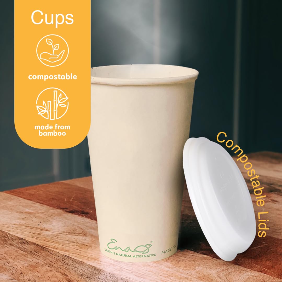 Eco-Friendly 100% Compostable Bamboo Coffee Cups with Lids - 16oz (80 Count) | Unbleached Paper Cups & Plant-Based Lids | Perfect for Coffee Shops, Offices & Sustainable Events | Biodegradable To-Go Cups