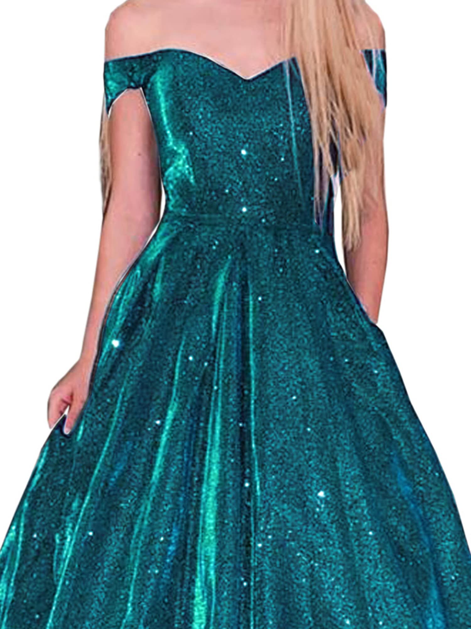Topfountonart Women's Off Shoulder Glitter Prom Dress - Elegant Formal Evening Gown with Pockets for Homecoming, Wedding Guest & Cocktail Party