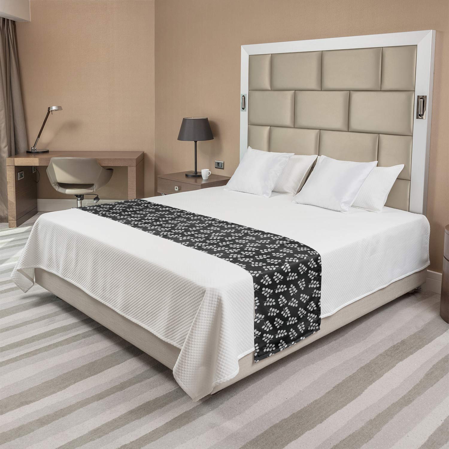 Ambesonne Grey and White Bed Runner - Modern Abstract Leaves Monochrome Design Decorative Bedding Scarf for Hotels, Homes & Guestrooms | Perfect for Fall Decor, Bedroom Accent & Luxury Bedding