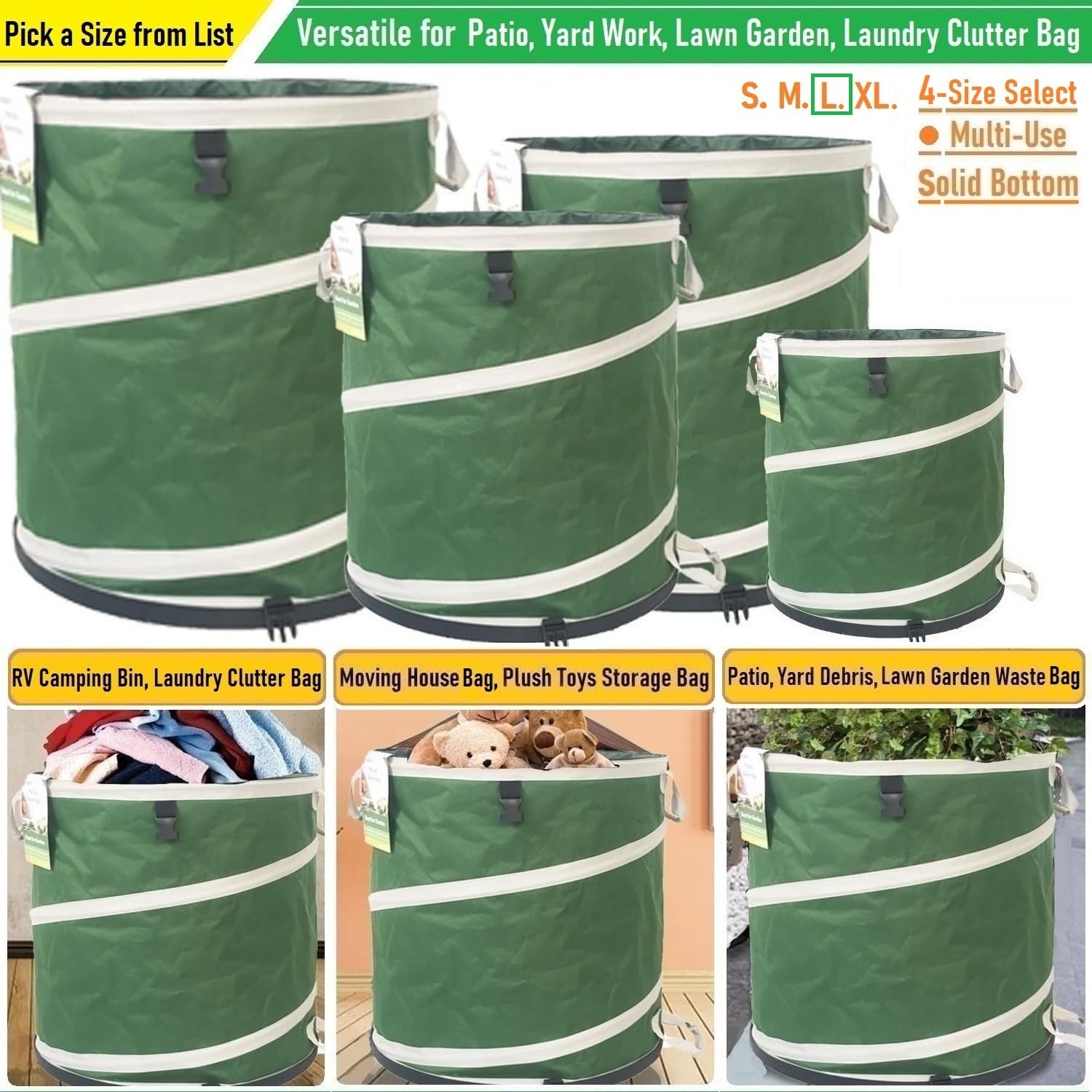32-Gallon Collapsible Trash Can with Hard-Shell Bottom - 19x25 Inch Yard Waste Bag for Garden Debris, Recycling, Laundry & Camping | Durable Outdoor Storage for Leaves, Grass Clippings & Weeds | 4 Handles for Easy Transport | Perfect for Backyard, Garage & RV Use