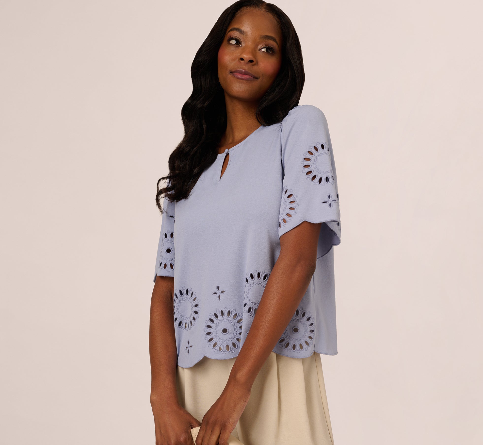 Women's Short Sleeve Keyhole Eyelet Top in Eventide - Casual Summer Blouse for Beach, Date Night & Outdoor Activities
