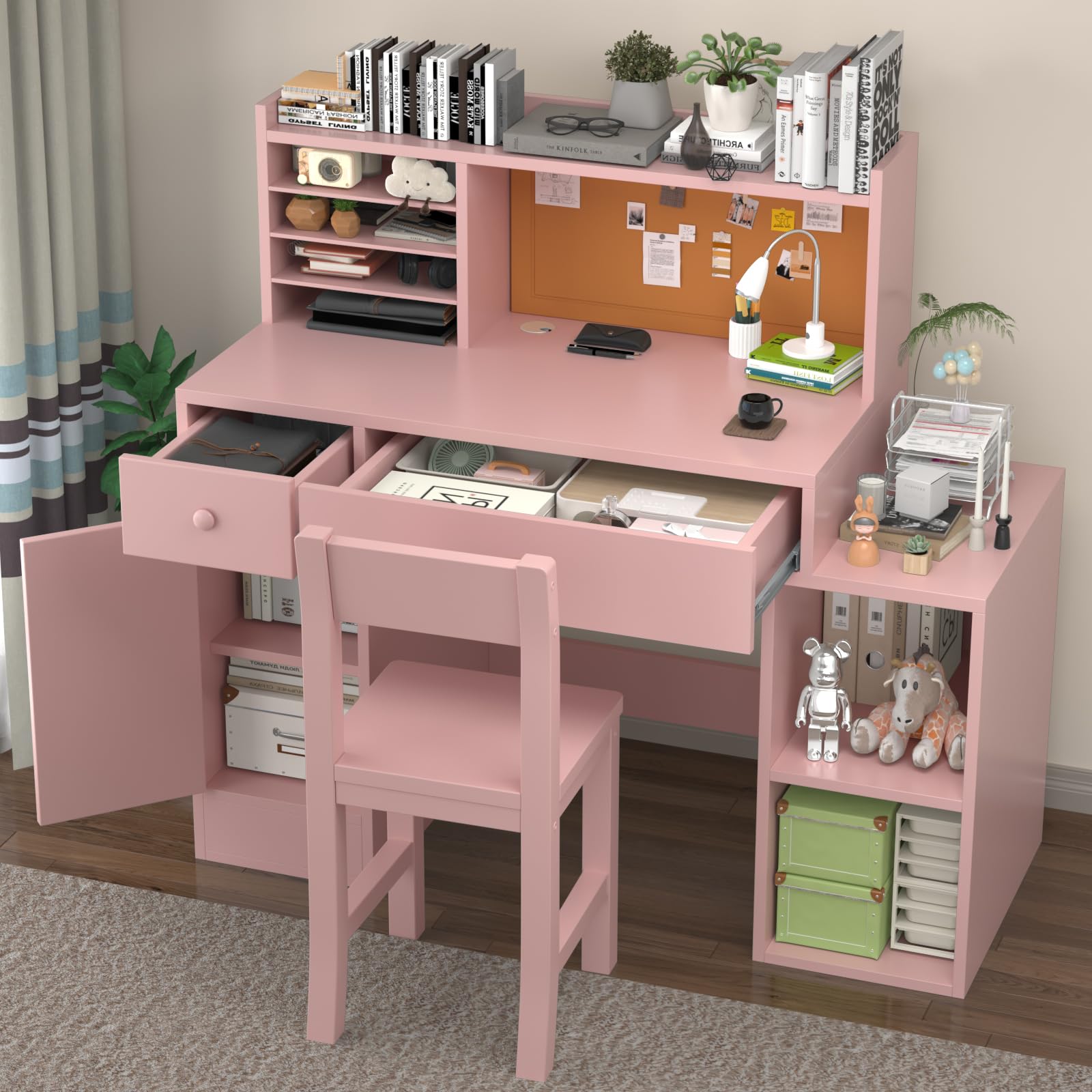 Pink Kids Study Desk and Chair Set for Ages 5-12 - Adjustable Children's Computer Desk with Bulletin Board, Storage Drawers & Cabinets - Perfect for Homework, Online Learning & Arts & Crafts