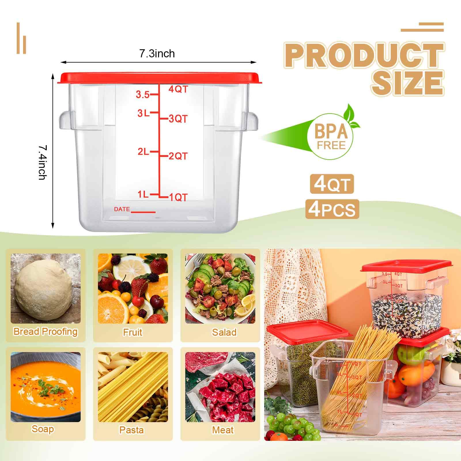 **Maxcheck 4-Piece 4Qt Square Food Storage Containers with Lids – Clear Commercial-Grade BPA-Free Plastic, Measuring Scale & Handles – Space-Saving for Home, Kitchen, Restaurant – Ideal for Dough Proofing, Marinating Meat, Meal Prep (Red)**    *(Use Cases: Perfect for storing leftovers, meal prepping, marinating meats, proofing dough, organizing pantry, and commercial kitchen use.)*