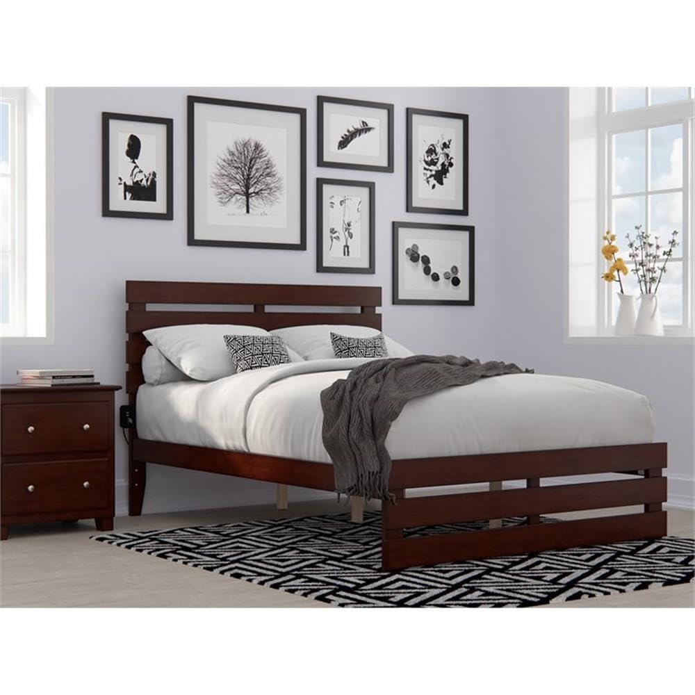 BOWERY HILL Modern Solid Wood Full Size Bed Frame with Footboard & USB Charging Ports - Walnut Finish for Bedroom, Guest Room & Dormitory
