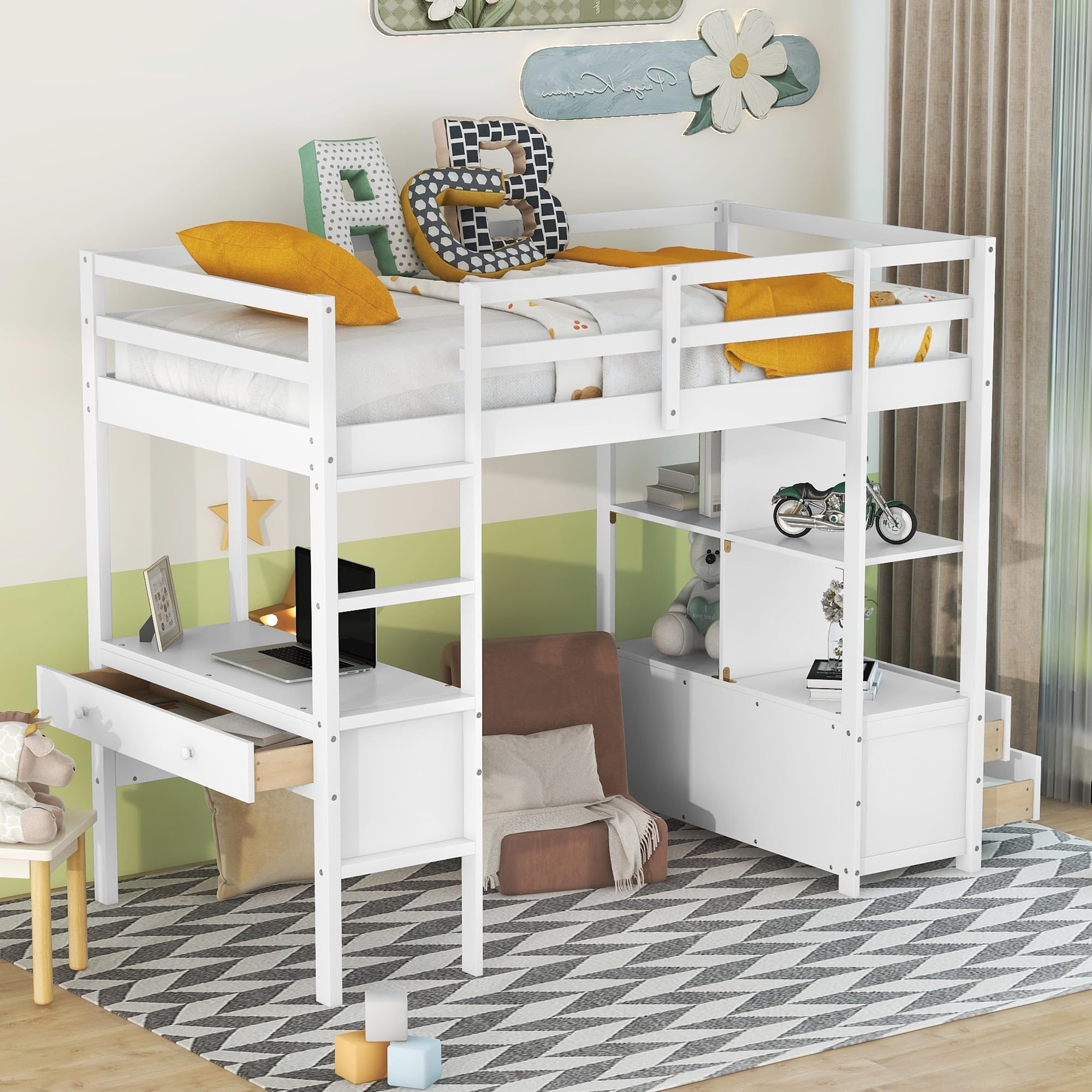 Harper & Bright Designs Twin Size Loft Bed with Built-in Desk - Wooden Loft Beds for Kids & Teens - Multifunctional High Twin Loft Bed Frame with Drawers & Storage Shelves - No Box Spring Needed - Perfect for Small Bedrooms, Dorm Rooms & Space-Saving Solutions (White)