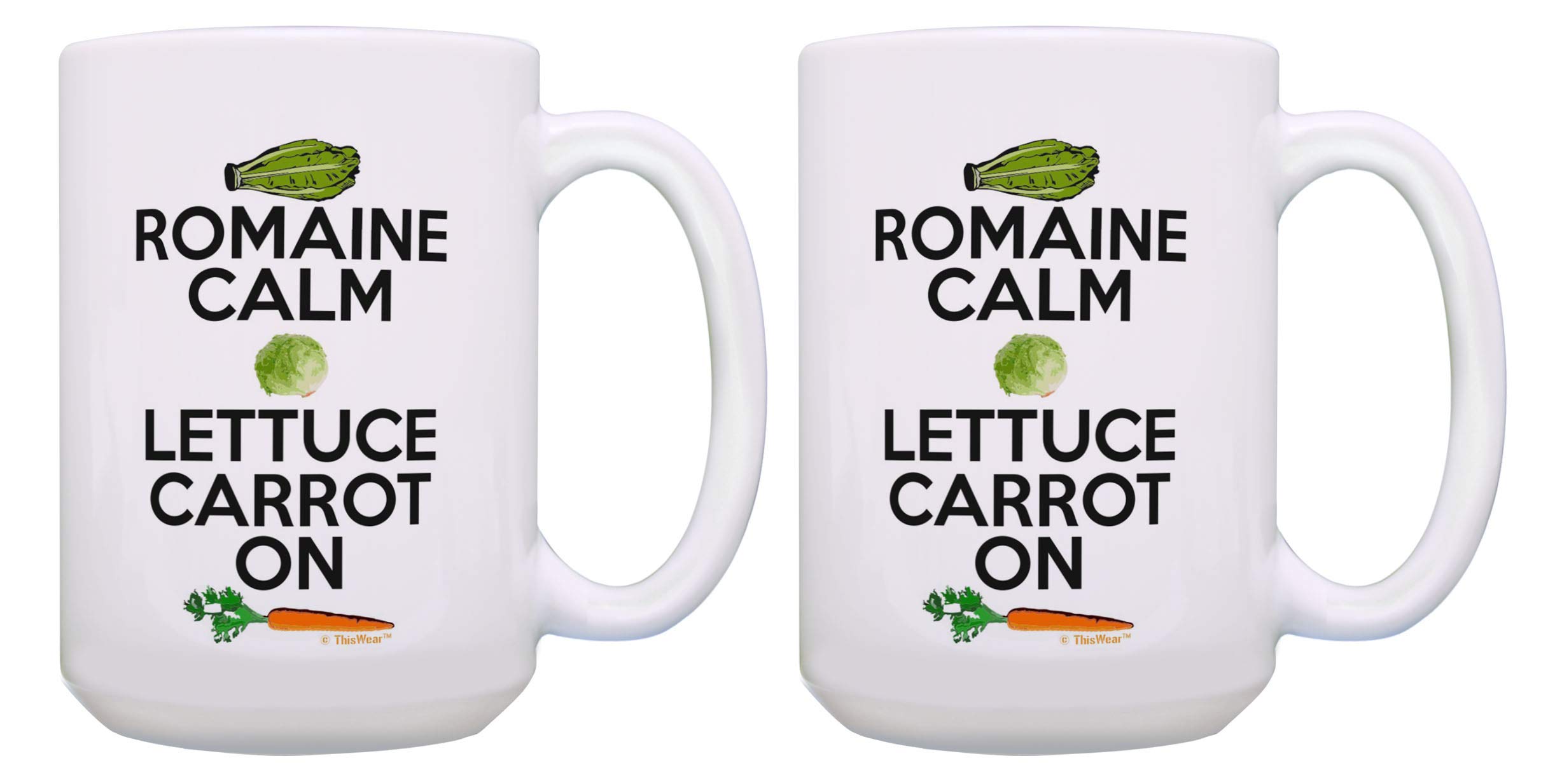 Funny Vegan Gifts - 2 Pack 15oz White Coffee Mugs with 'Romain Calm' & Carrot Design - Perfect Chef Gifts for Tea & Coffee Lovers - Great for Kitchen, Office & Vegan Humor