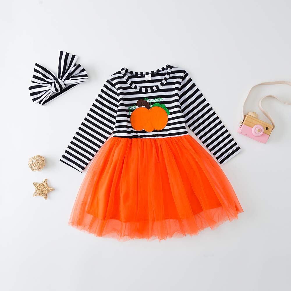 Pumpkin Print Tutu Dress for Toddler Girls - Long Sleeve Striped Skirt Outfit with Headband | Fall Photoshoot, Halloween Costume, Birthday Party Outfit