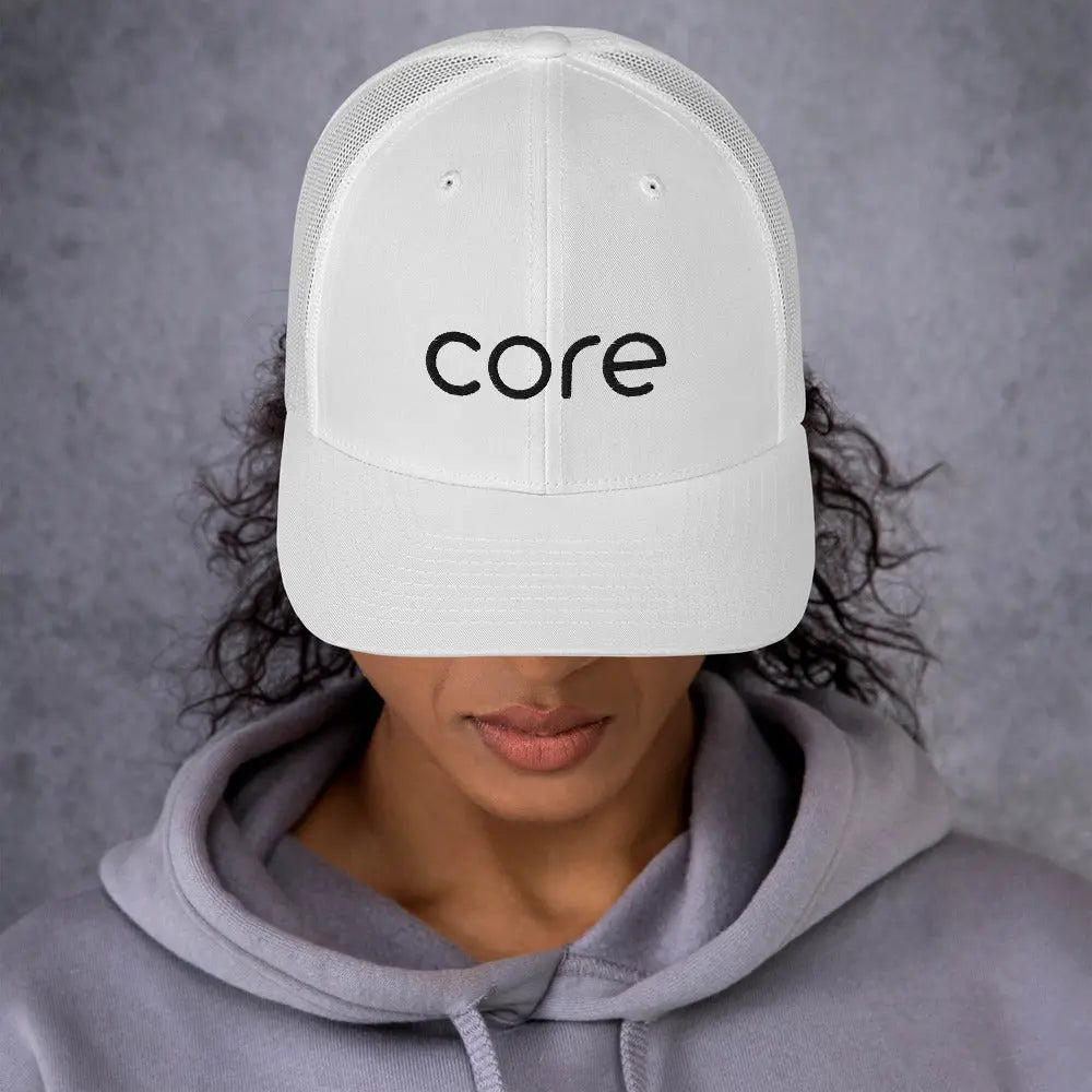 CORE Swimcore Trucker Hat - White Performance Mesh Snapback for Swimming, Fitness & Outdoor Activities | Lightweight Breathable Coach Cap for Men & Women