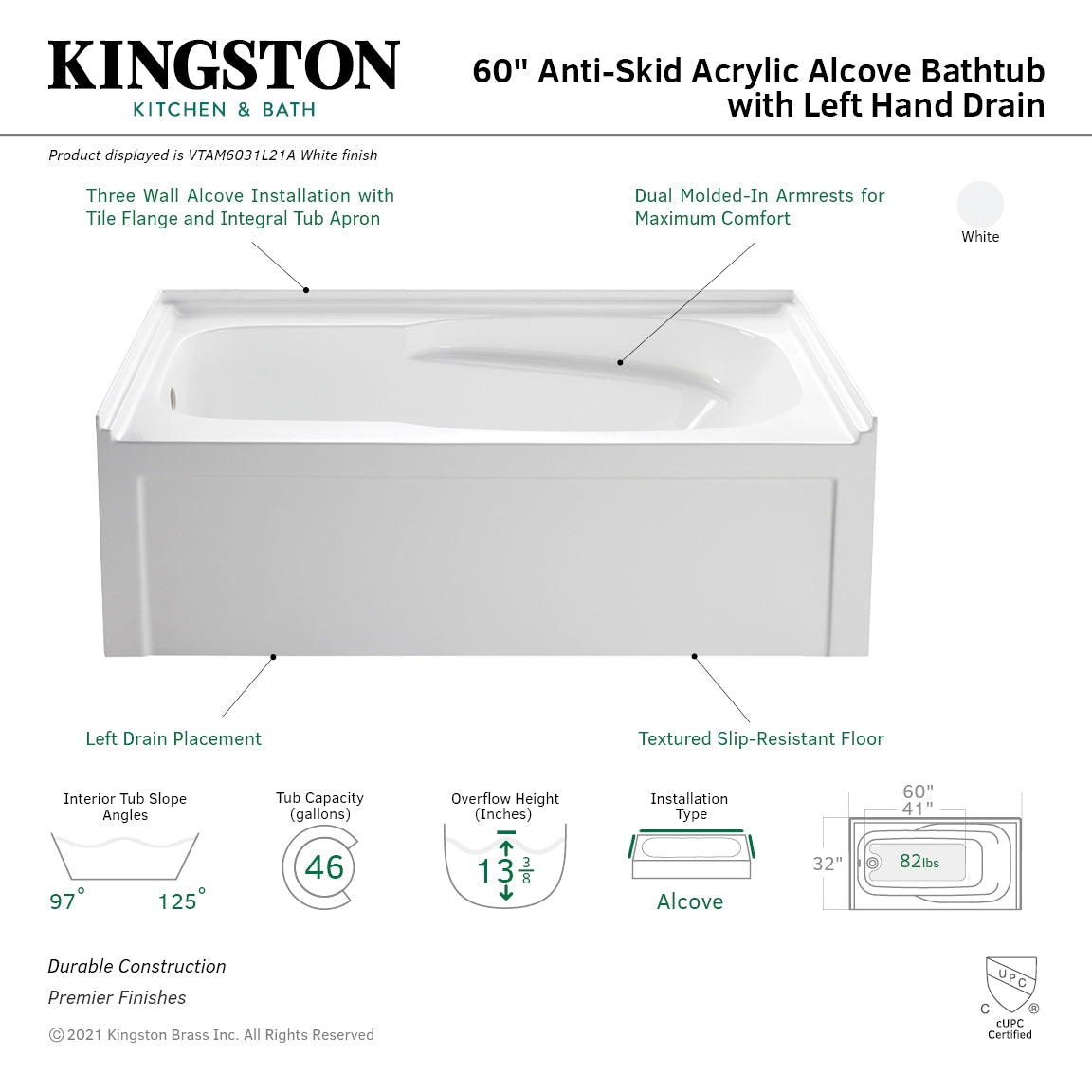 Aqua Eden 60 Inch Acrylic Rectangular 3 Wall Alcove Bathtub with Armrests - Anti-Skid Surface, Left Hand Drain, Glossy White - Perfect for Modern Bathrooms & Spa-Like Relaxation