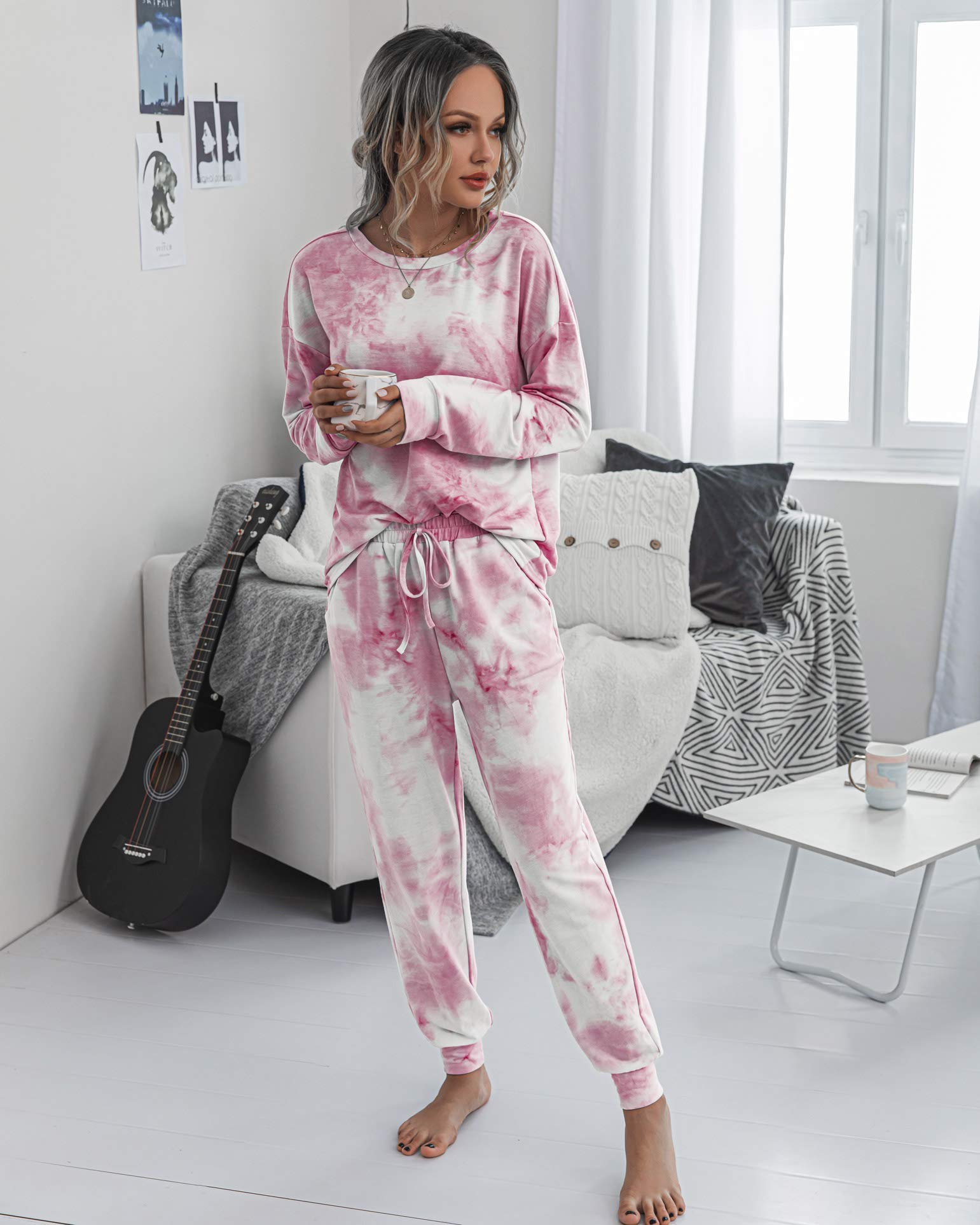 TSMNZMU Women's Tie Dye Pajama Set - 2 Piece Long Sleeve Sleepwear with Pockets, Soft Pullover Top & Jogger Pants for Lounge, Sleep & Relaxation at Home