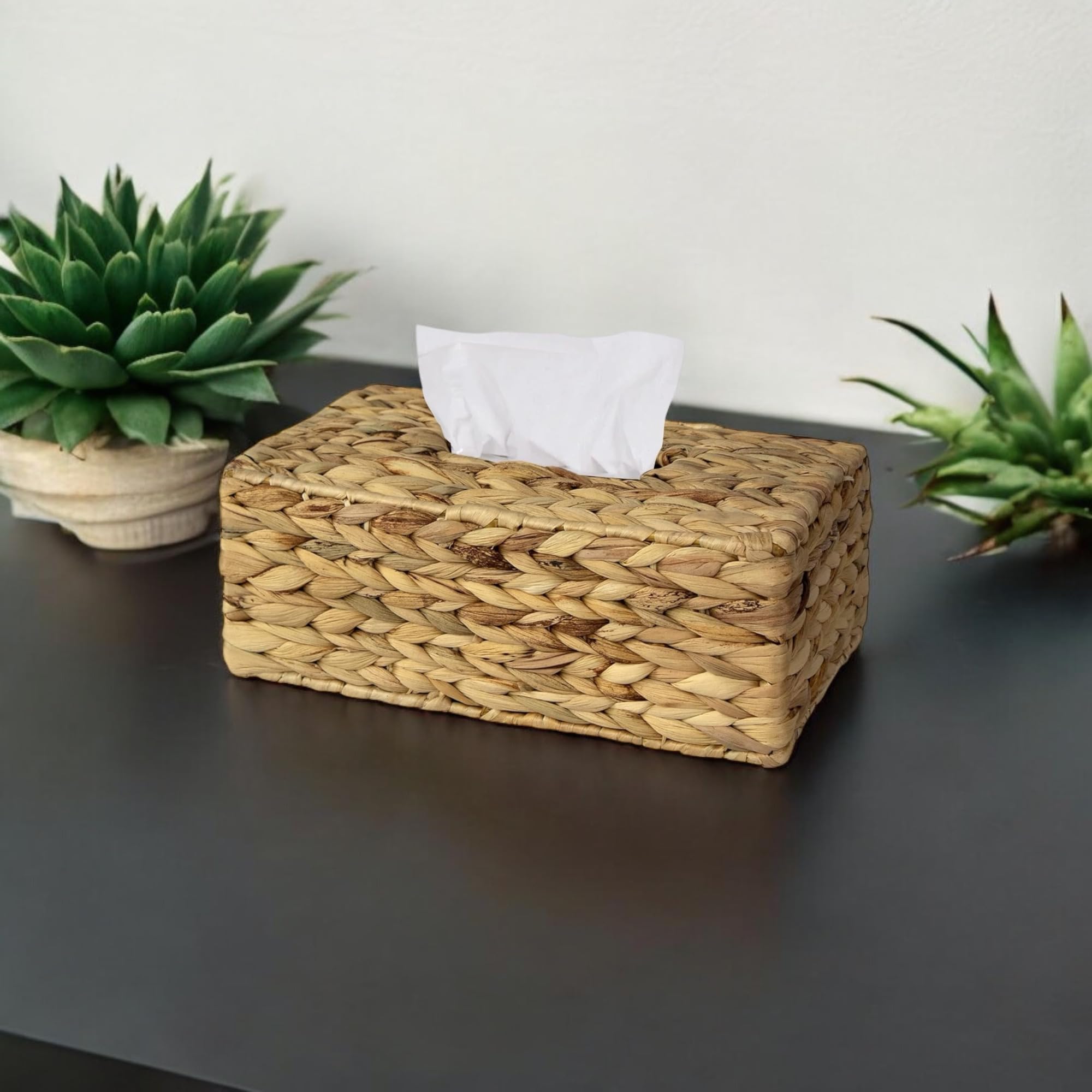 Hand Woven Water Hyacinth Rectangle Tissue Box Cover - Natural Wicker Straw Napkin Holder for Kitchen, Bathroom & Office | Rustic Home Decor with Free Tissue Box Included | Perfect for Farmhouse, Coastal & Boho Style Decorating