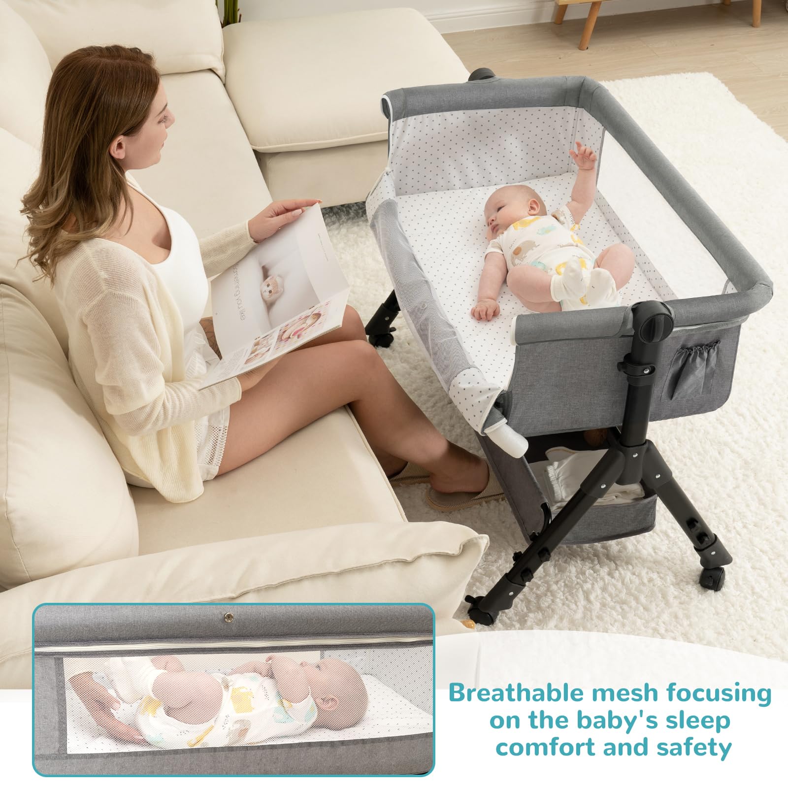 3 in 1 Adjustable Baby Bassinet Bedside Sleeper with Wheels, Storage Basket & Mattress - Portable Folding Crib for Newborns - Easy Assembly Nursery Essential for Co-Sleeping & Travel (Grey)