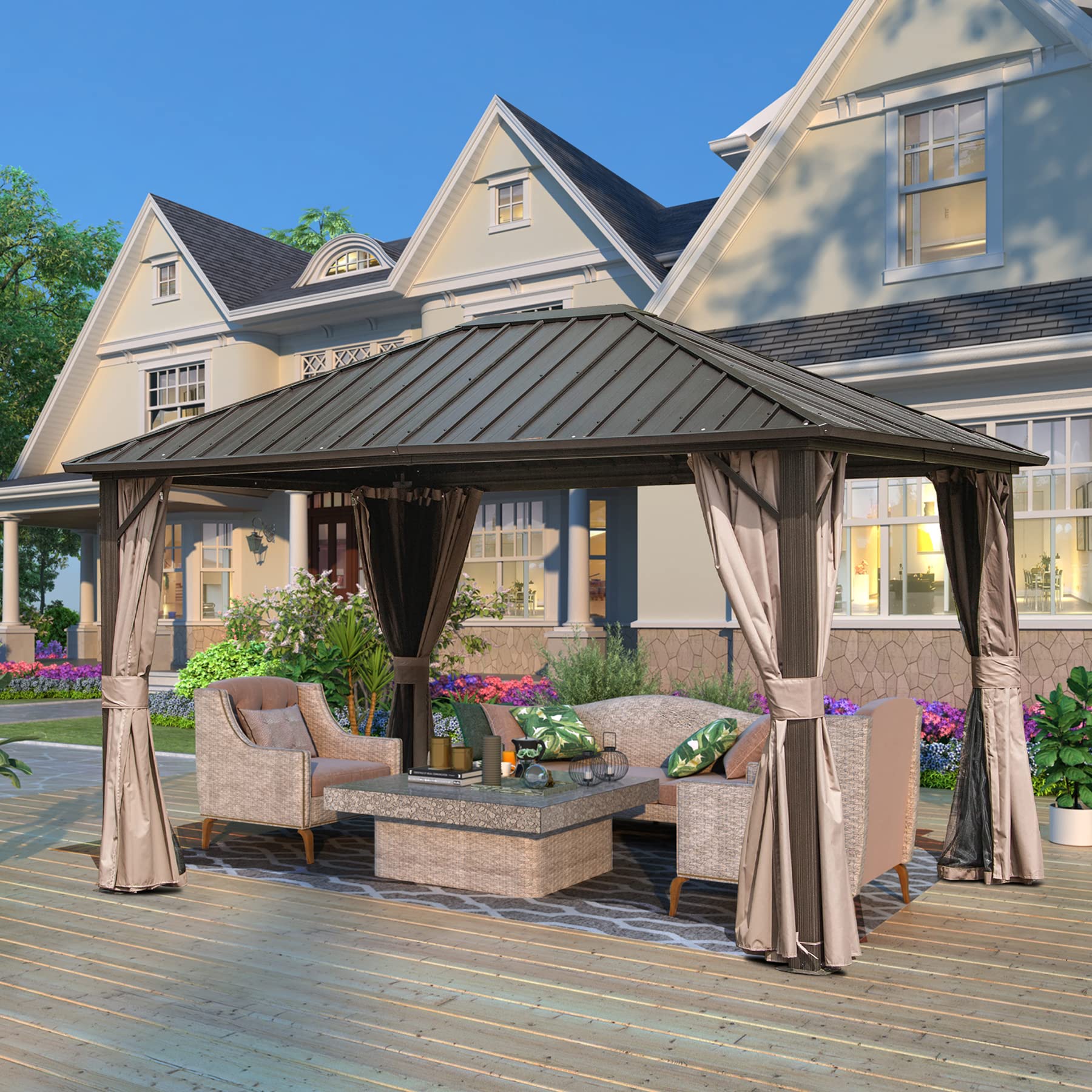 10' x 12' Domi Hardtop Gazebo - Galvanized Steel Roof & Aluminum Frame Permanent Outdoor Pavilion with Netting & Curtains - Perfect for Garden, Patio, Lawn Parties & Backyard Relaxation (Dark Brown)