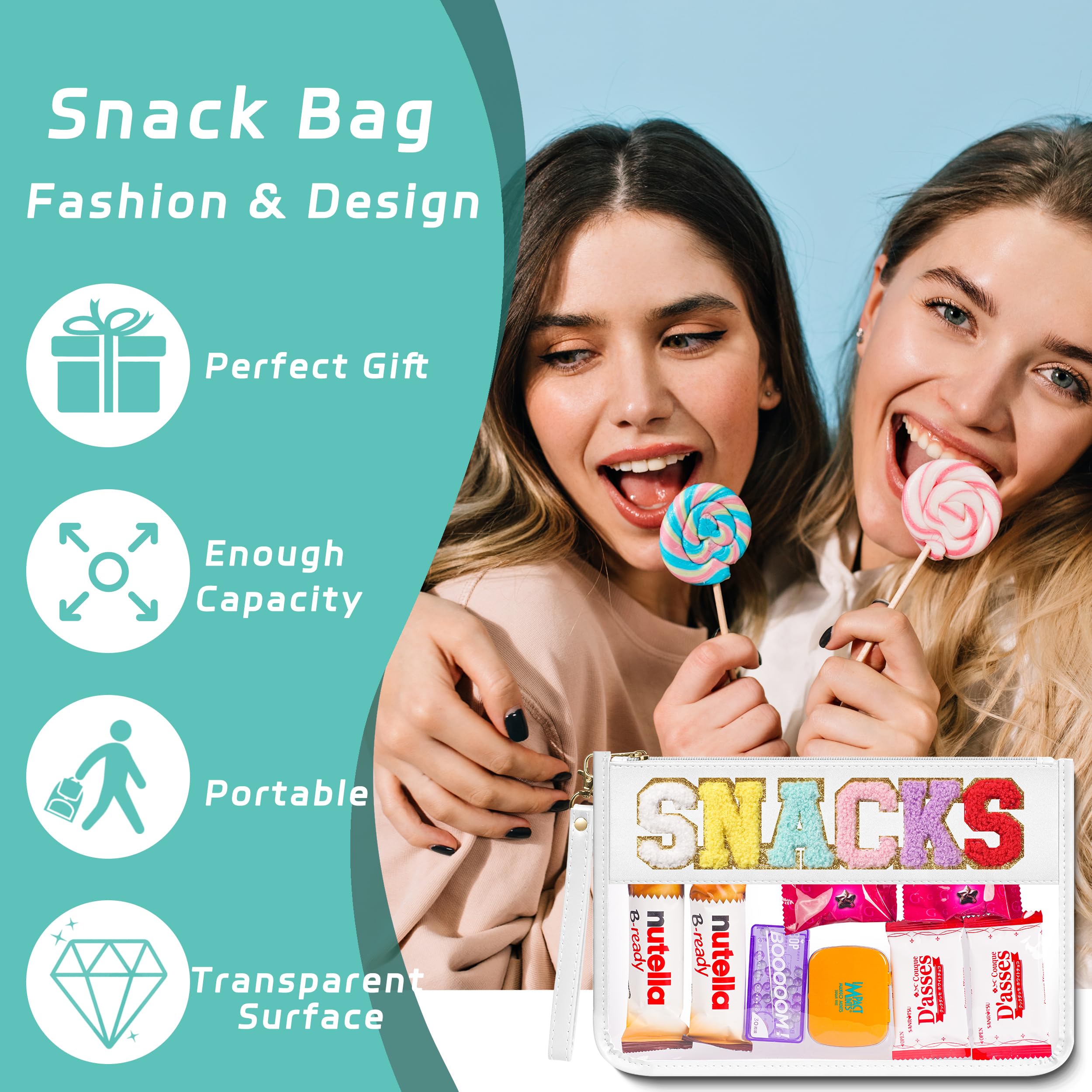 Chenille Letter Clear Zipper Pouch for Travel - Waterproof Nylon Makeup Bag | PVC Cosmetic Organizer | Snack Storage for Women & Girls | Multi-Purpose Clear Travel Accessories (White) - Perfect for Airplane, Gym, Beach & Daily Essentials
