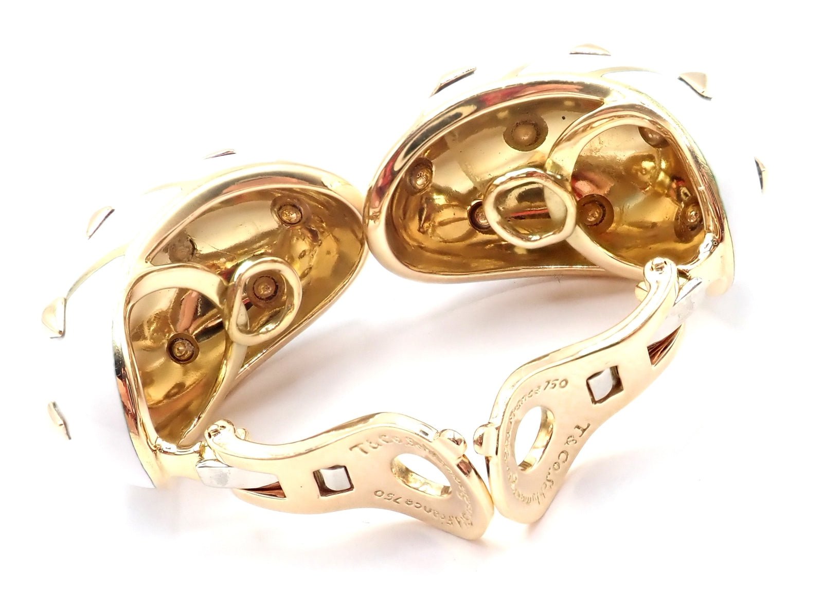 Tiffany & Co Schlumberger Dot Losange 18k Yellow Gold White Enamel Hoop Earrings | Luxury Designer Jewelry for Women | Perfect for Parties, Weddings & Special Occasions