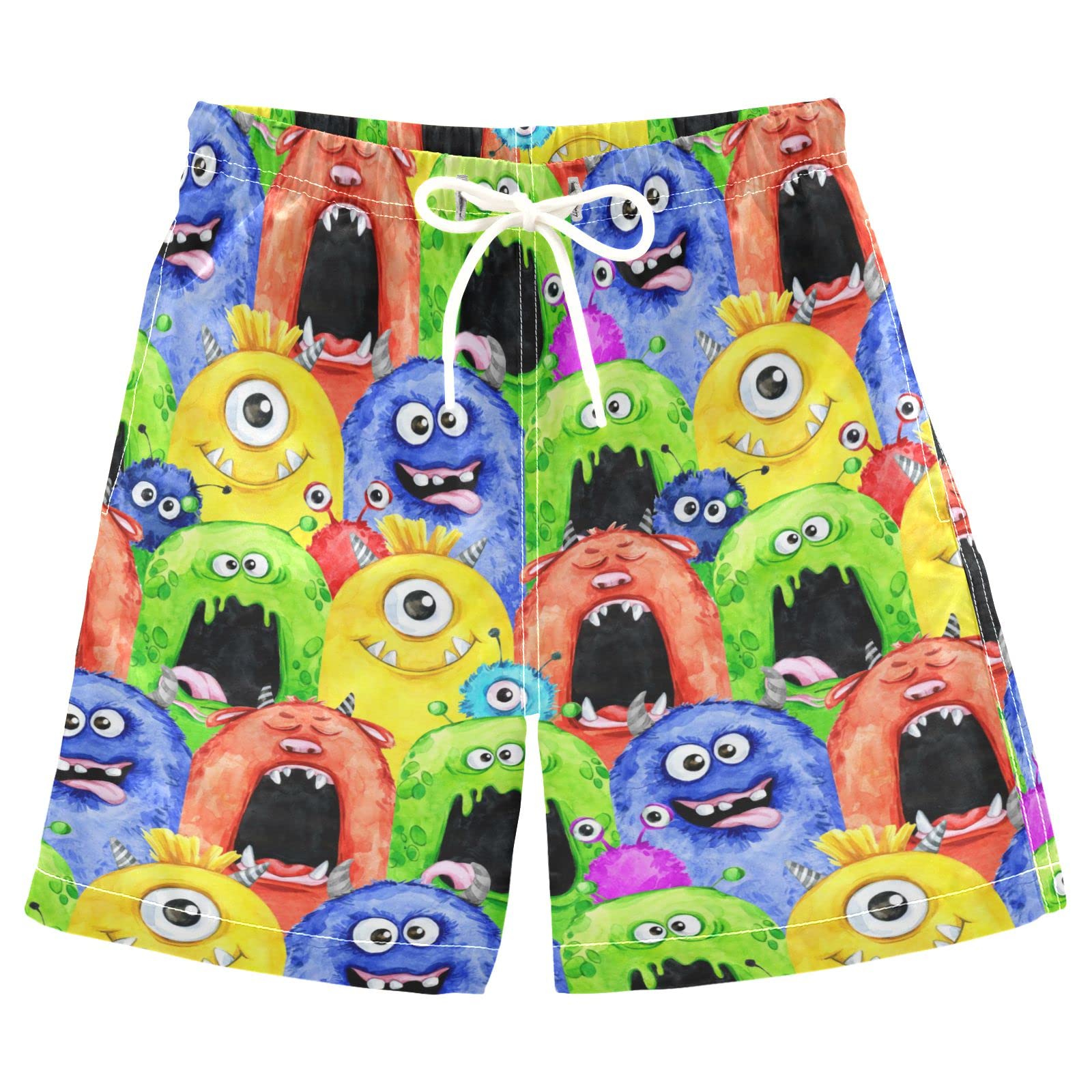 Viio Kids Swim Trunks for Boys - Cute Little Monster Print Quick Dry Beach Board Shorts with Mesh Lining (Size 8) - Perfect for Swimming, Beach Vacation & Summer Activities
