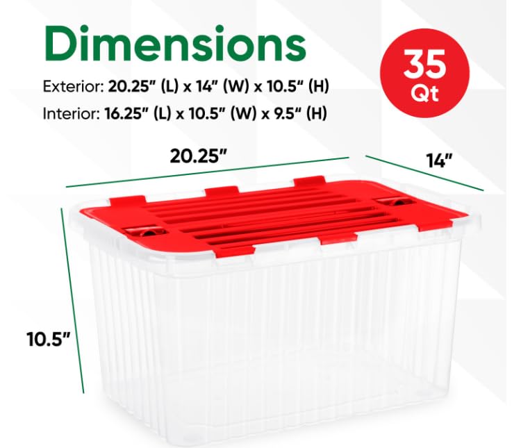 Superio 6-Pack Christmas Storage Boxes with Red Hinged Lids - 35 Quart Plastic Organizer Bins, Stackable BPA-Free Containers for Home, Office & Dorm - Perfect for Holiday Decorations, Gift Wrapping & Seasonal Organization