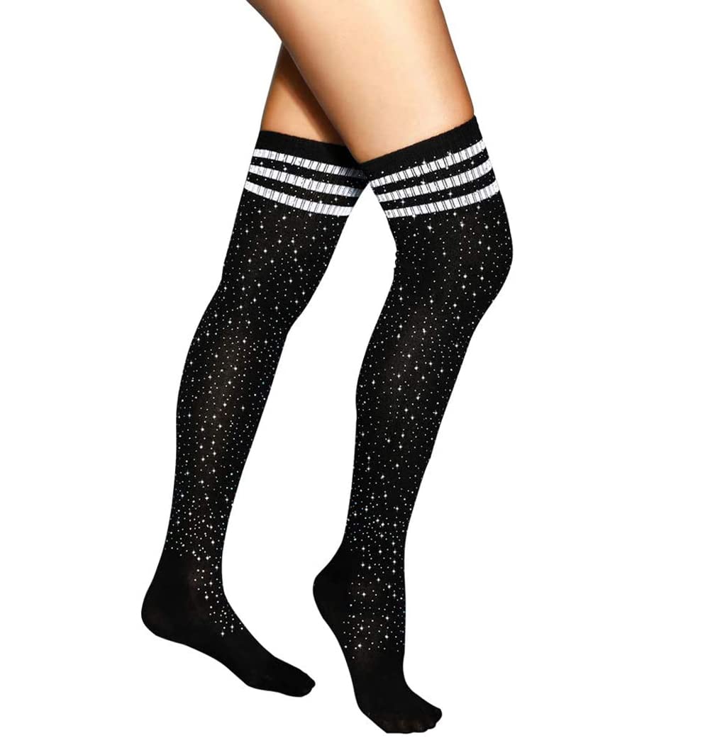 Sexy Rhinestone Over Knee Socks - Party & Casual Wear (Black+White Stripe)