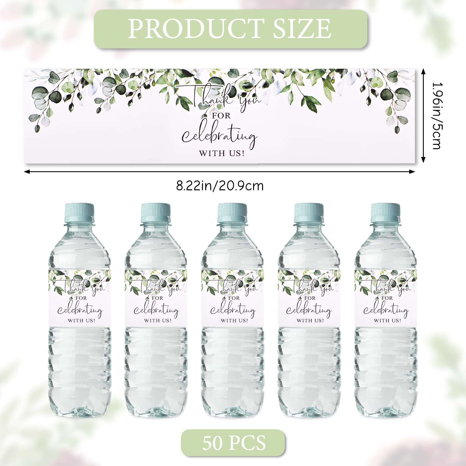 URROMA 50-Pack Greenery Plant Water Bottle Labels - Waterproof Wedding, Birthday & Baby Shower Thank You Stickers - Perfect for Party Favors, Bridal Showers & Special Events