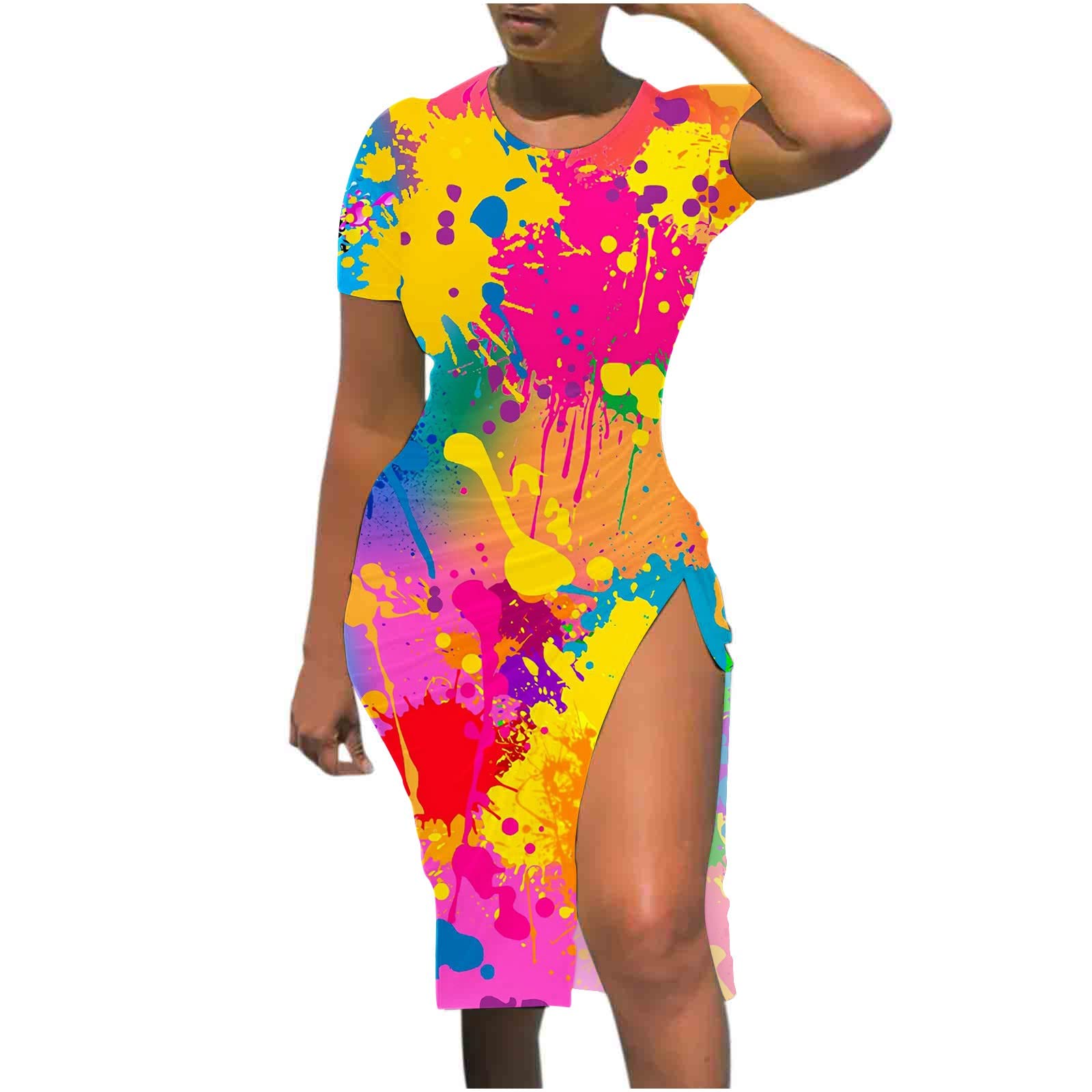 BOXIACEY Women's Summer Dresses - Short Sleeve Round Neck Slim Fit Solid & Gradient Printed Dress with Sexy Drawstring & Slit Design | Perfect for Beach Vacation, Date Night & Casual Outings
