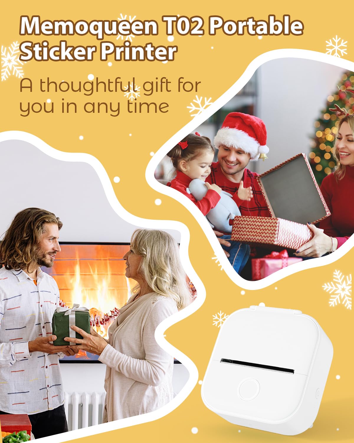 Memoqueen T02 Mini Portable Thermal Sticker Printer - Wireless Bluetooth Compatible with iPhone & Android, Includes 3 Rolls Sticker Paper - Perfect for DIY Crafts, Scrapbooking, Journaling, School Projects & Birthday Gifts (White)
